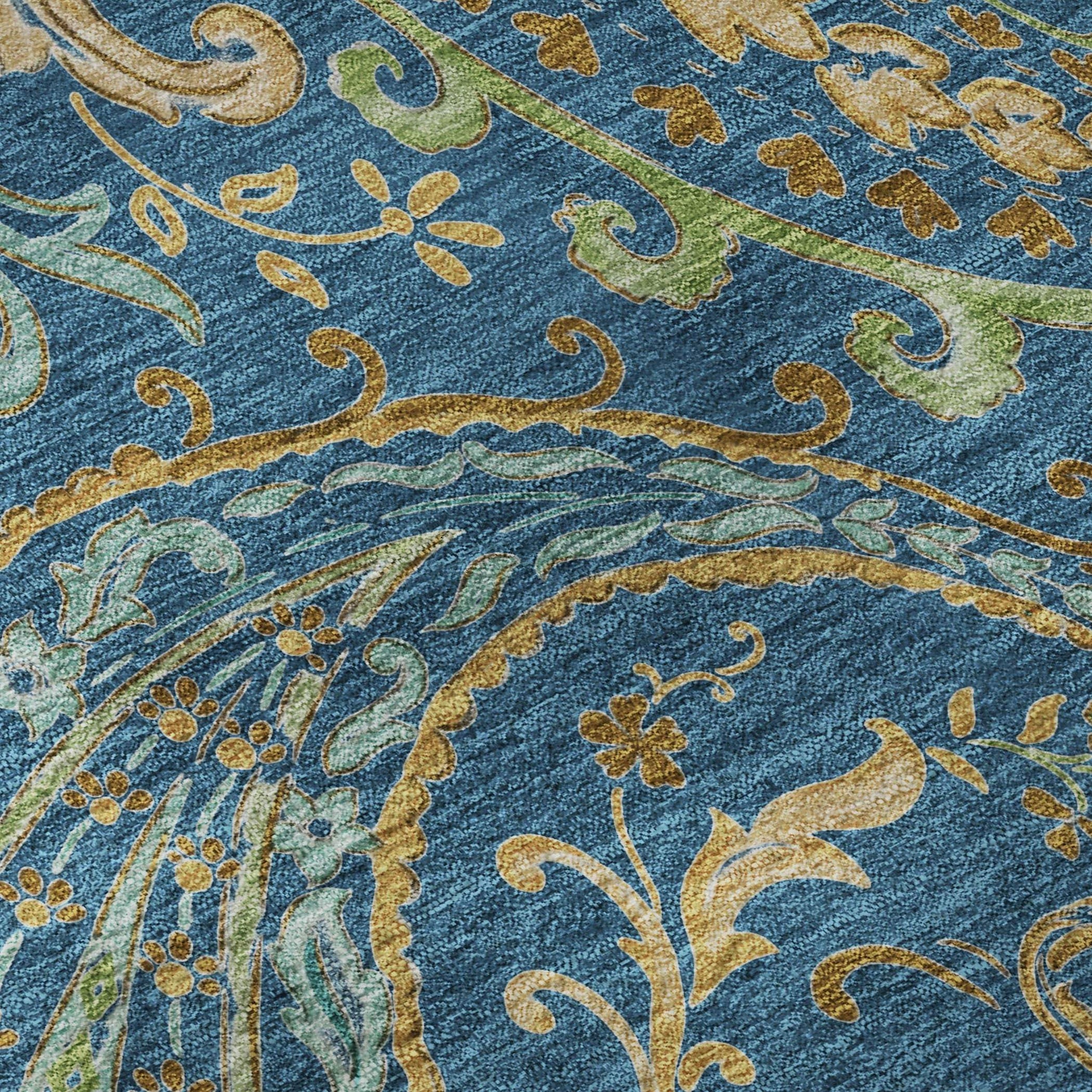 8' Navy Blue Green And Gold Paisley Distressed Washable Round Rug With UV Protection - HomeRoots - Flyclothing LLC