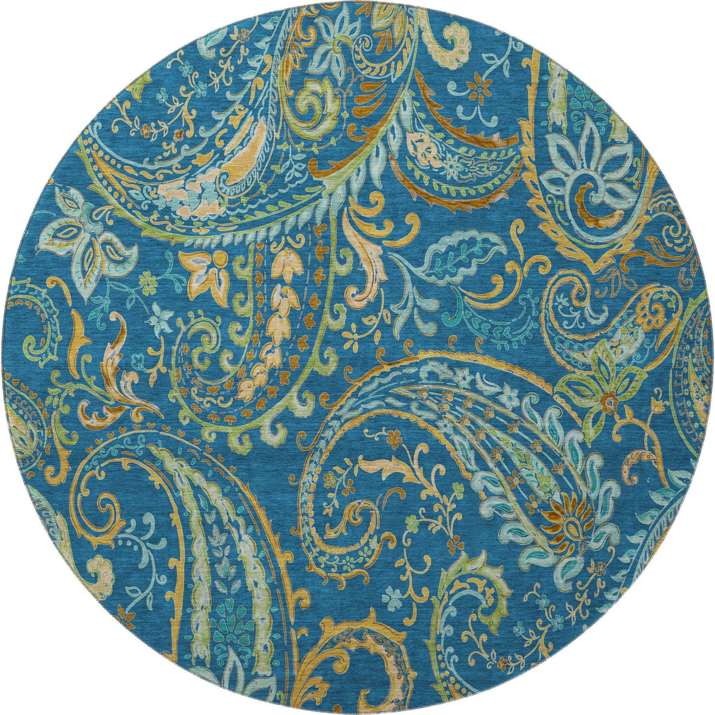 8' Navy Blue Green And Gold Paisley Distressed Washable Round Rug With UV Protection - HomeRoots - Flyclothing LLC