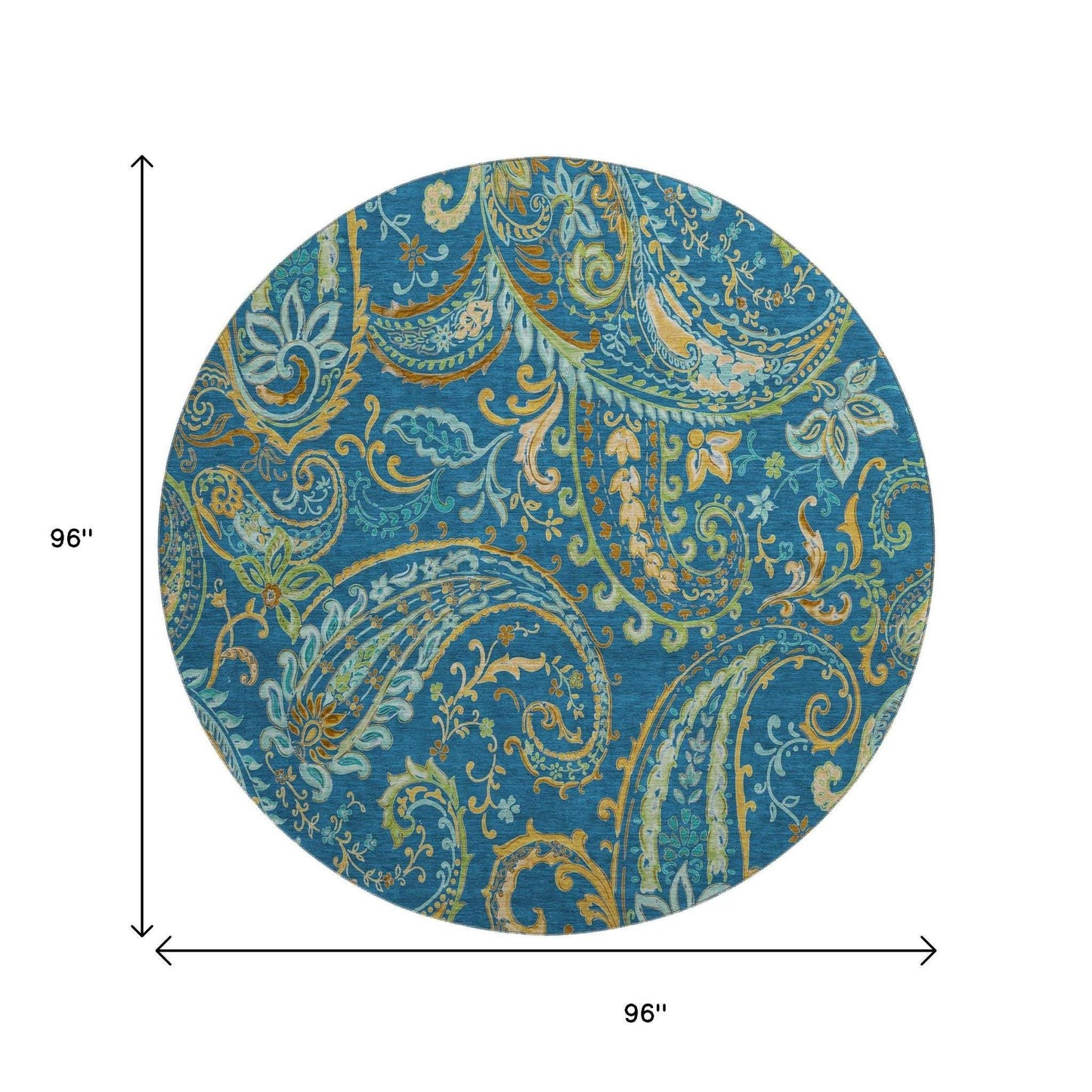 8' Navy Blue Green And Gold Paisley Distressed Washable Round Rug With UV Protection - HomeRoots - Flyclothing LLC