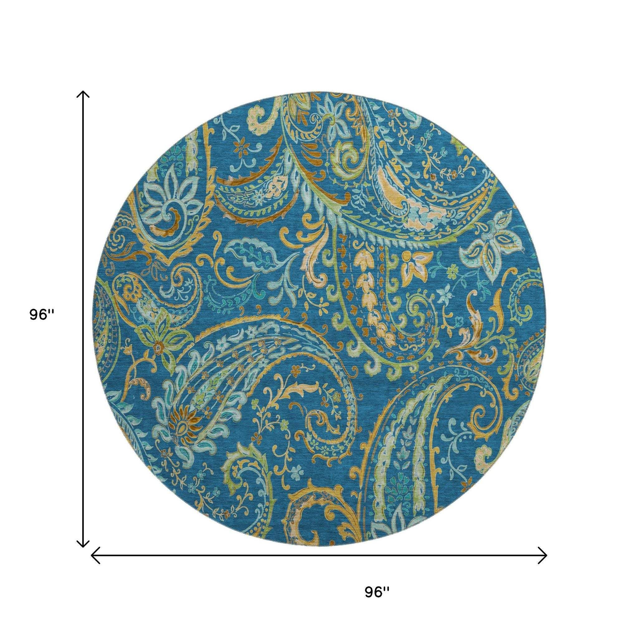 8' Navy Blue Green And Gold Paisley Distressed Washable Round Rug With UV Protection - HomeRoots - Flyclothing LLC
