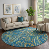 8' Navy Blue Green And Gold Paisley Distressed Washable Round Rug With UV Protection - HomeRoots - Flyclothing LLC