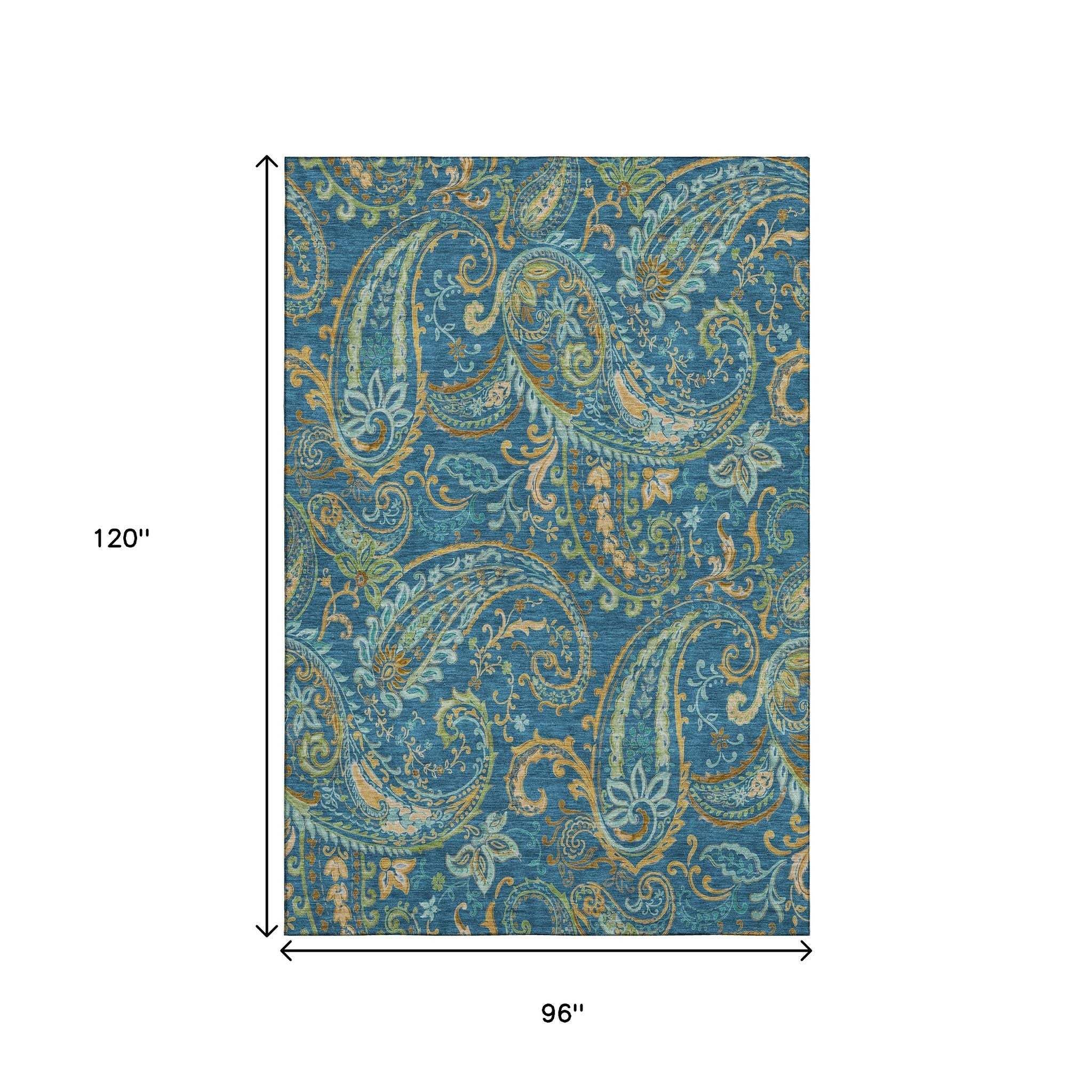 8' X 10' Navy Blue Green And Gold Paisley Distressed Washable Area Rug With UV Protection - HomeRoots - Flyclothing LLC