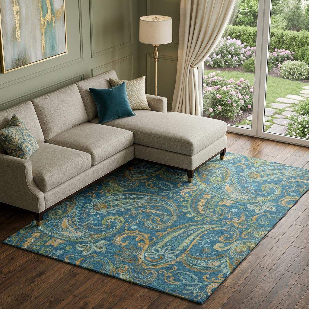 8' X 10' Navy Blue Green And Gold Paisley Distressed Washable Area Rug With UV Protection - HomeRoots - Flyclothing LLC