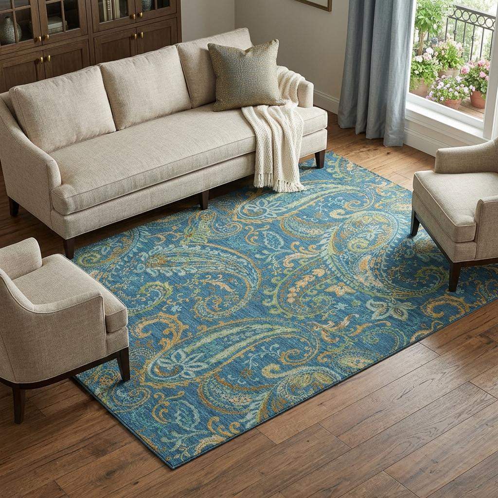 9' X 12' Navy Blue Green And Gold Paisley Distressed Washable Area Rug With UV Protection - HomeRoots - Flyclothing LLC