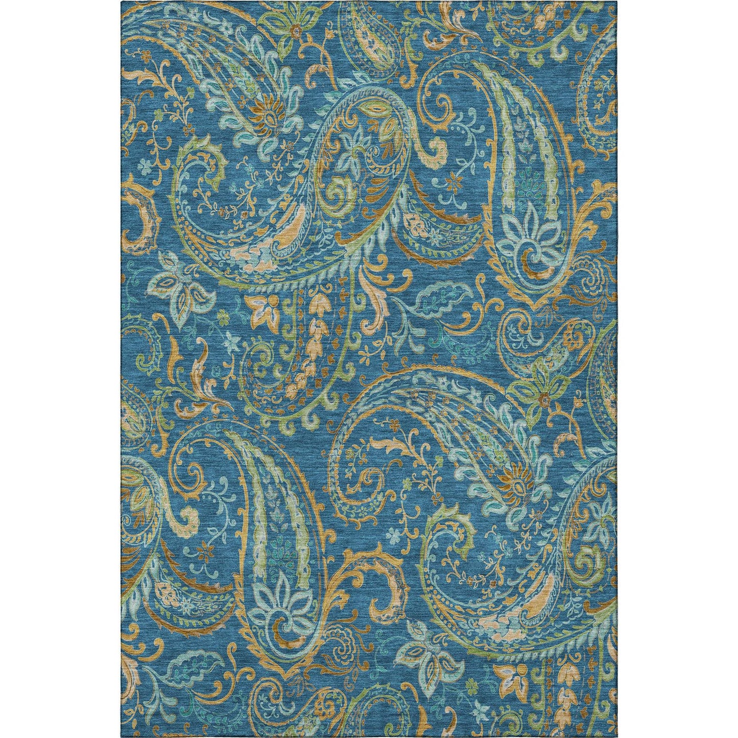9' X 12' Navy Blue Green And Gold Paisley Distressed Washable Area Rug With UV Protection - HomeRoots - Flyclothing LLC