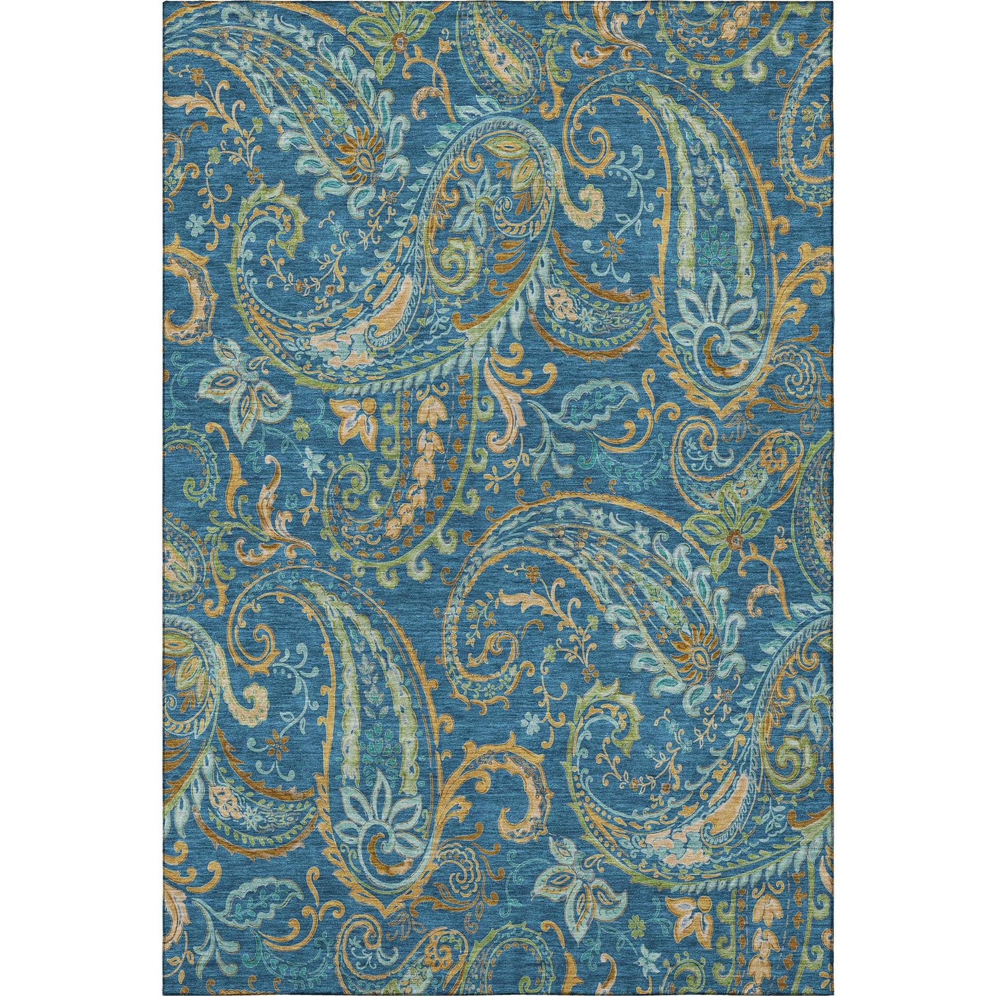 9' X 12' Navy Blue Green And Gold Paisley Distressed Washable Area Rug With UV Protection - HomeRoots - Flyclothing LLC