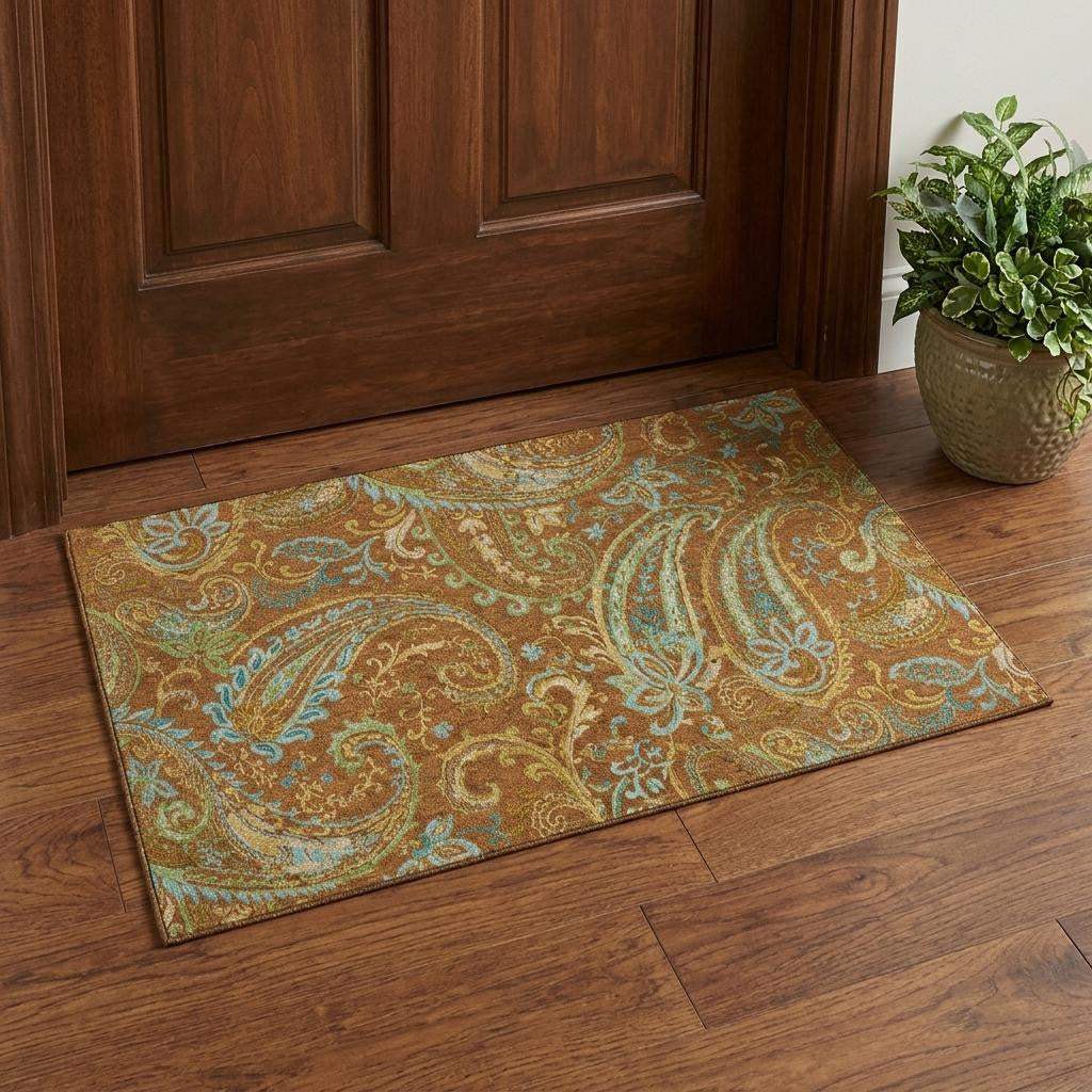 3' X 5' Rust Blue And Green Paisley Washable Area Rug With UV Protection - HomeRoots - Flyclothing LLC