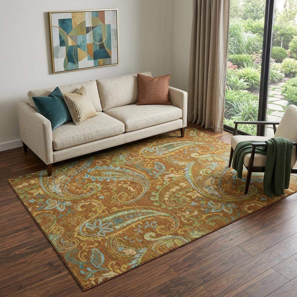 5' X 8' Rust Blue And Green Paisley Washable Area Rug With UV Protection - HomeRoots - Flyclothing LLC