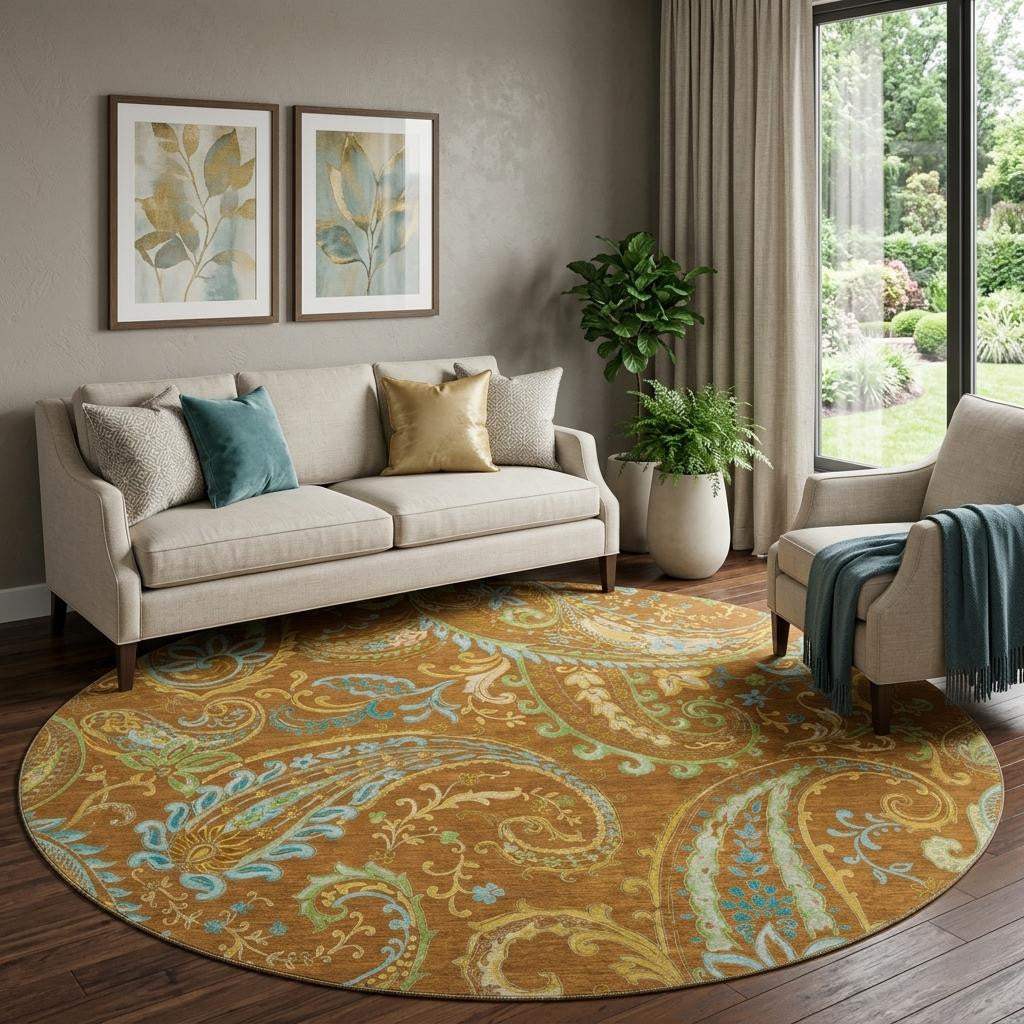 8' Rust Blue And Green Paisley Washable Round Rug With UV Protection - HomeRoots - Flyclothing LLC