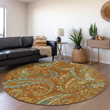 8' Rust Blue And Green Paisley Washable Round Rug With UV Protection - HomeRoots - Flyclothing LLC