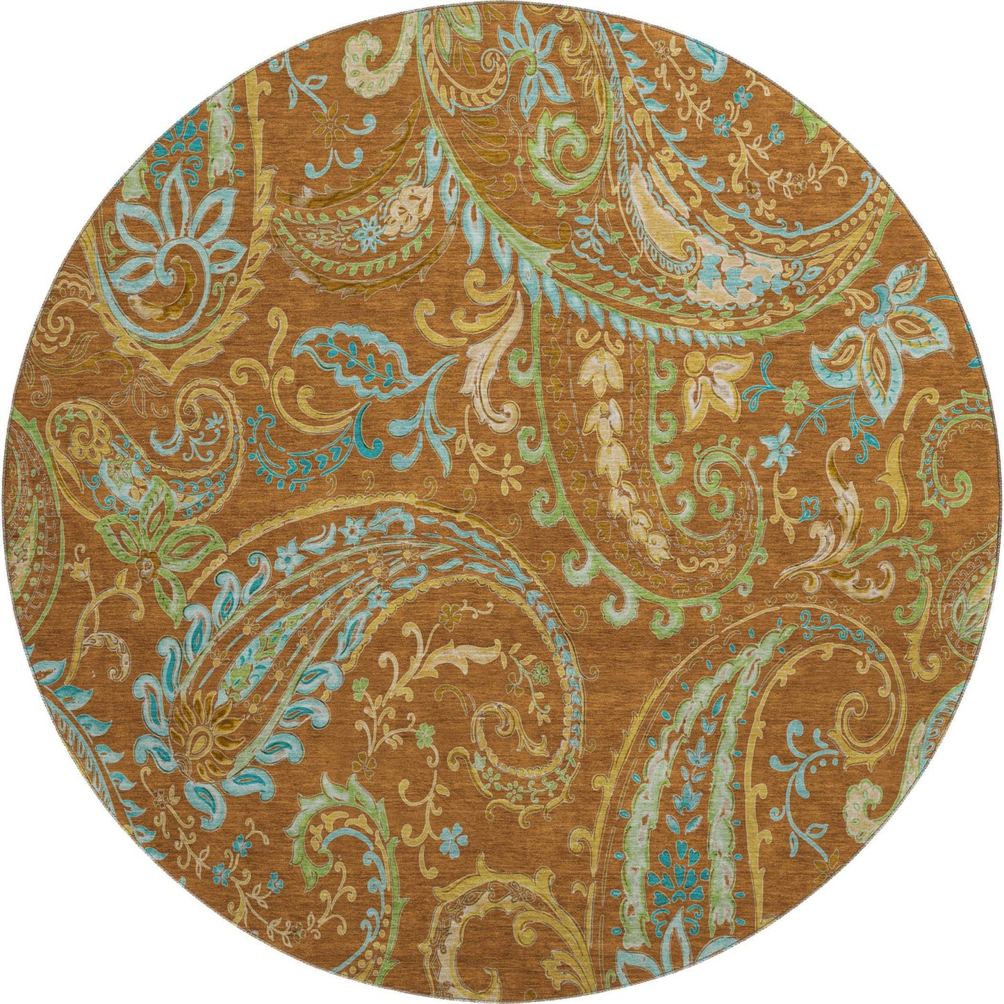 8' Rust Blue And Green Paisley Washable Round Rug With UV Protection - HomeRoots - Flyclothing LLC