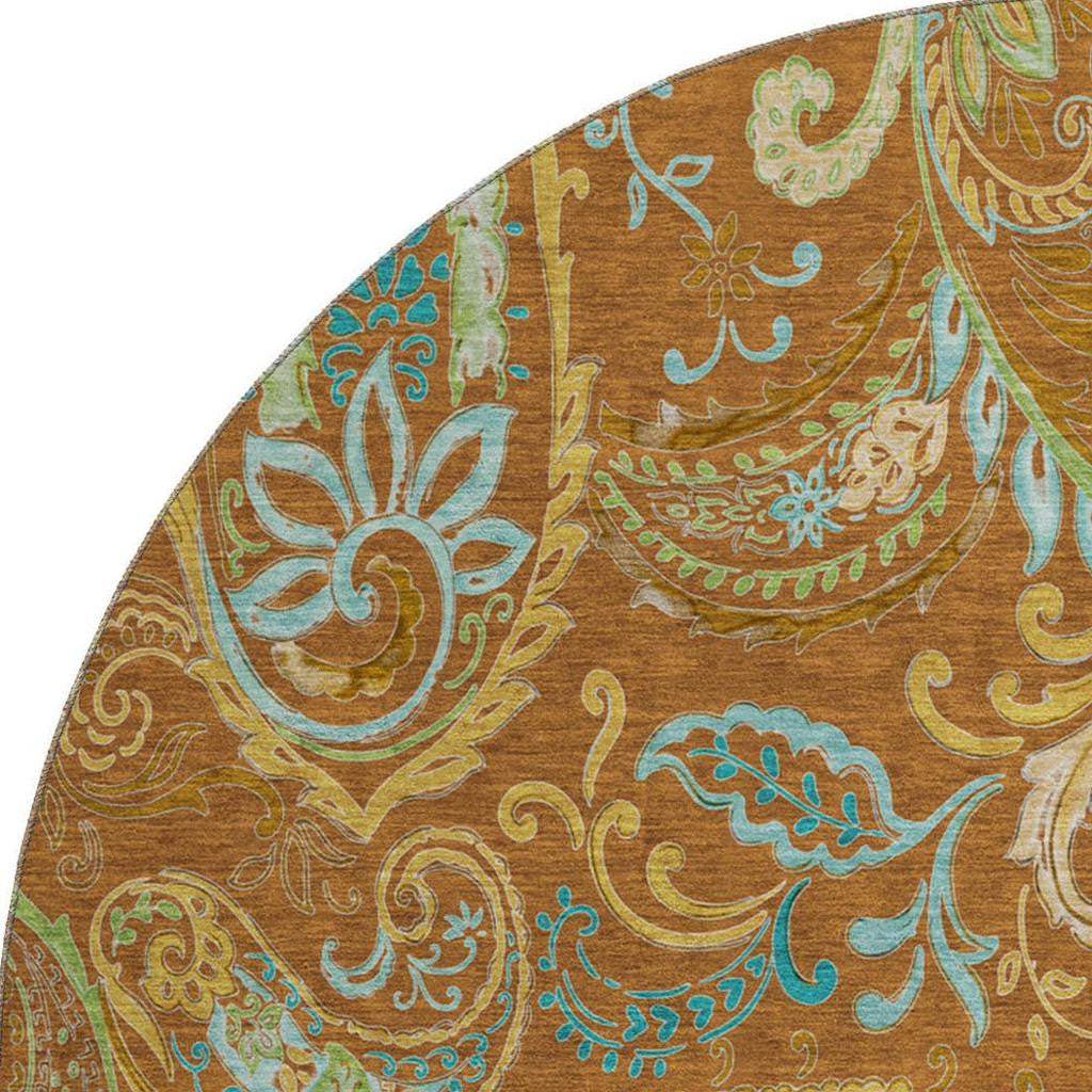 8' Rust Blue And Green Paisley Washable Round Rug With UV Protection - HomeRoots - Flyclothing LLC