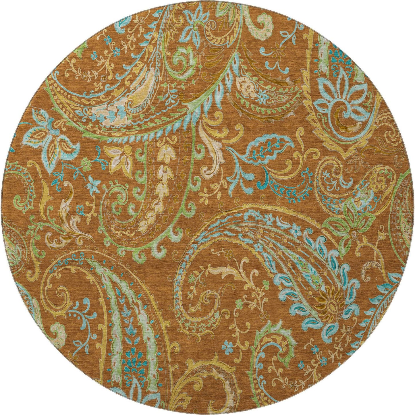 8' Rust Blue And Green Paisley Washable Round Rug With UV Protection - HomeRoots - Flyclothing LLC