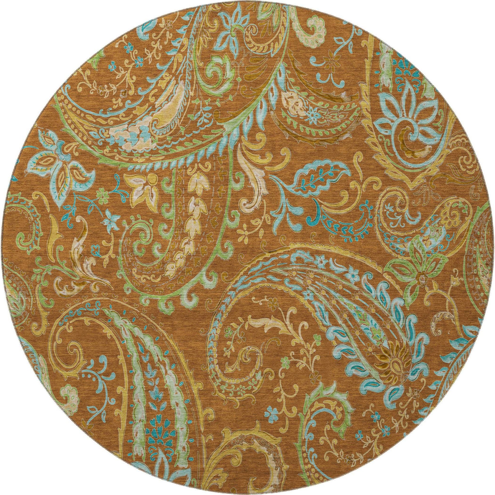 8' Rust Blue And Green Paisley Washable Round Rug With UV Protection - HomeRoots - Flyclothing LLC