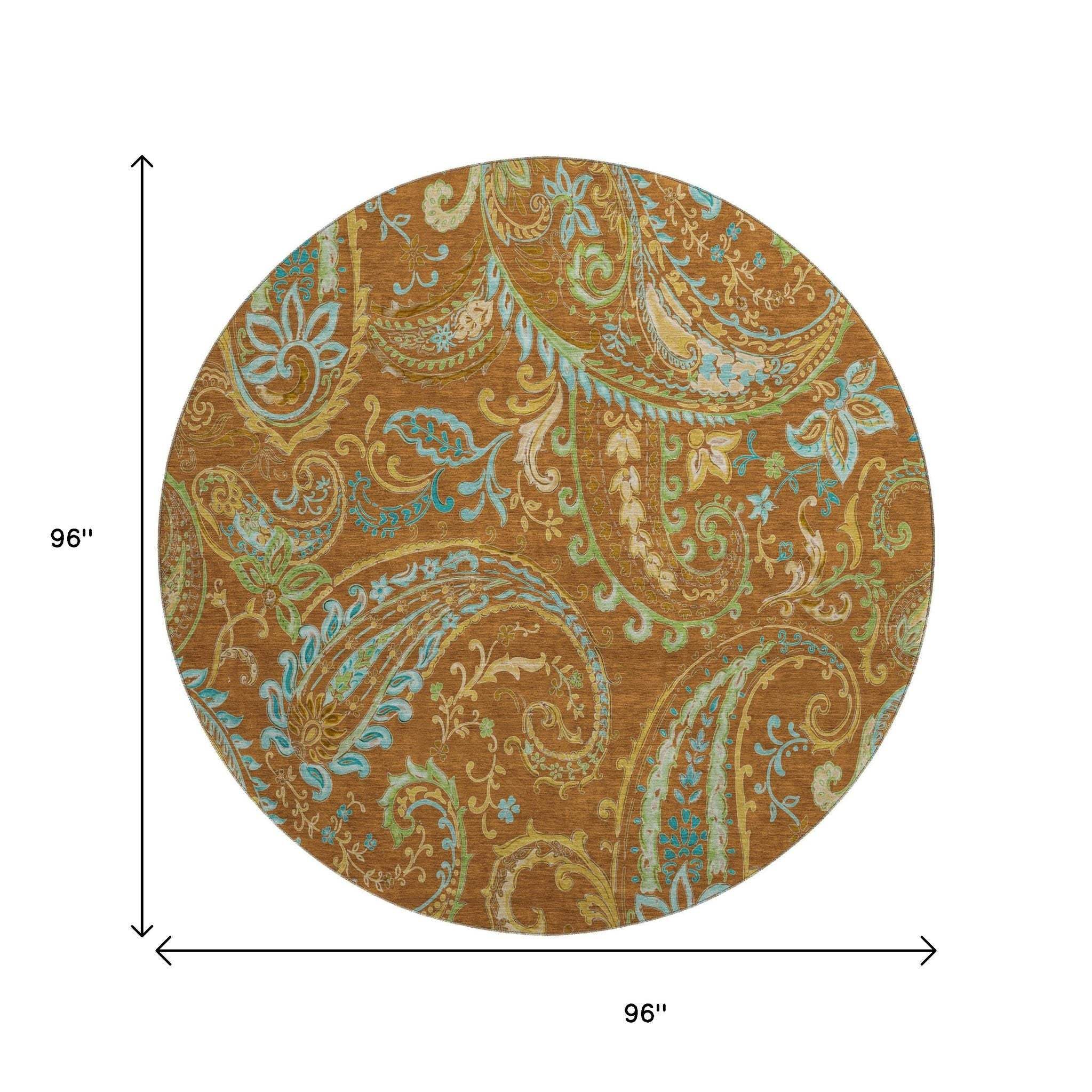 8' Rust Blue And Green Paisley Washable Round Rug With UV Protection - HomeRoots - Flyclothing LLC