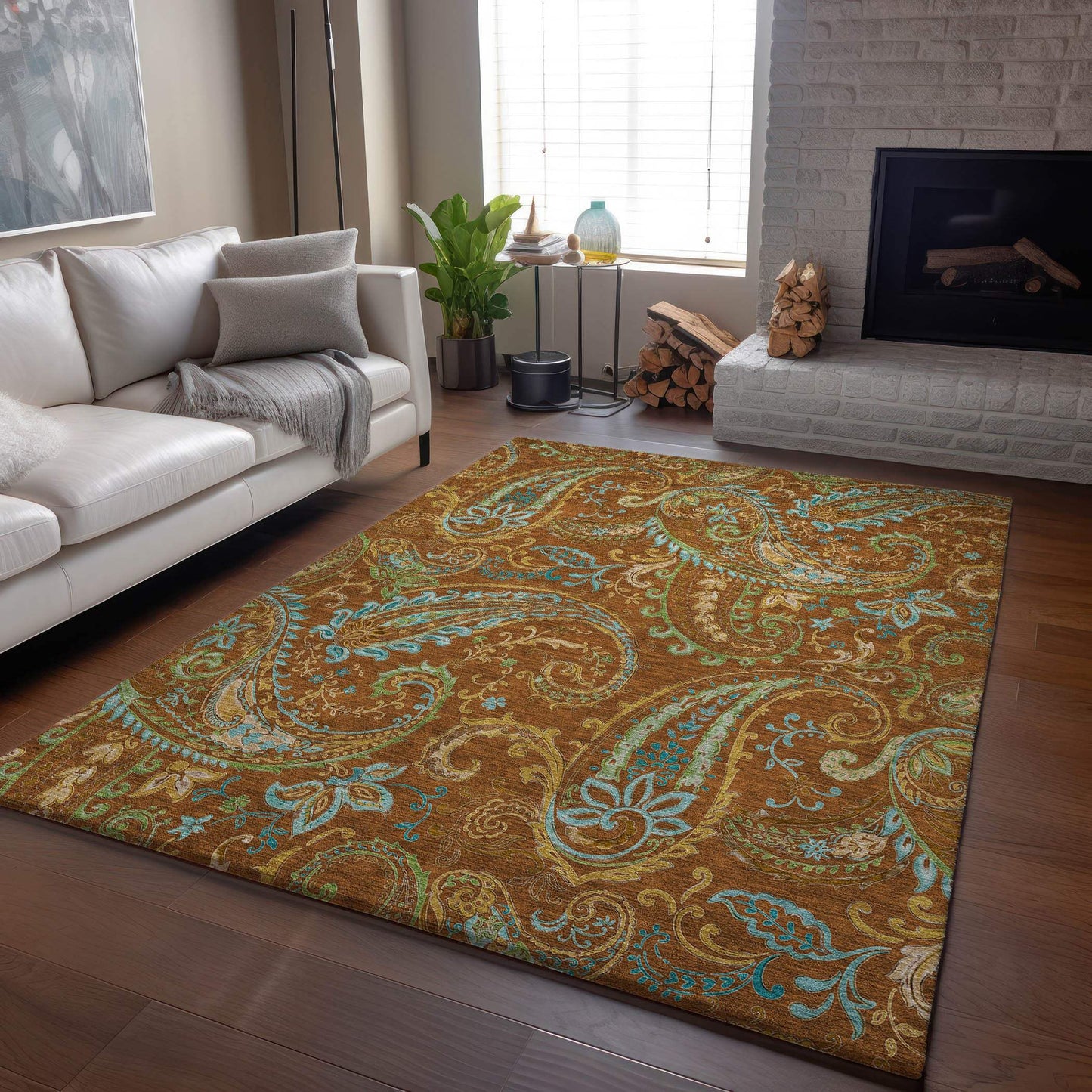9' X 12' Rust Blue And Green Paisley Washable Area Rug With UV Protection - HomeRoots - Flyclothing LLC