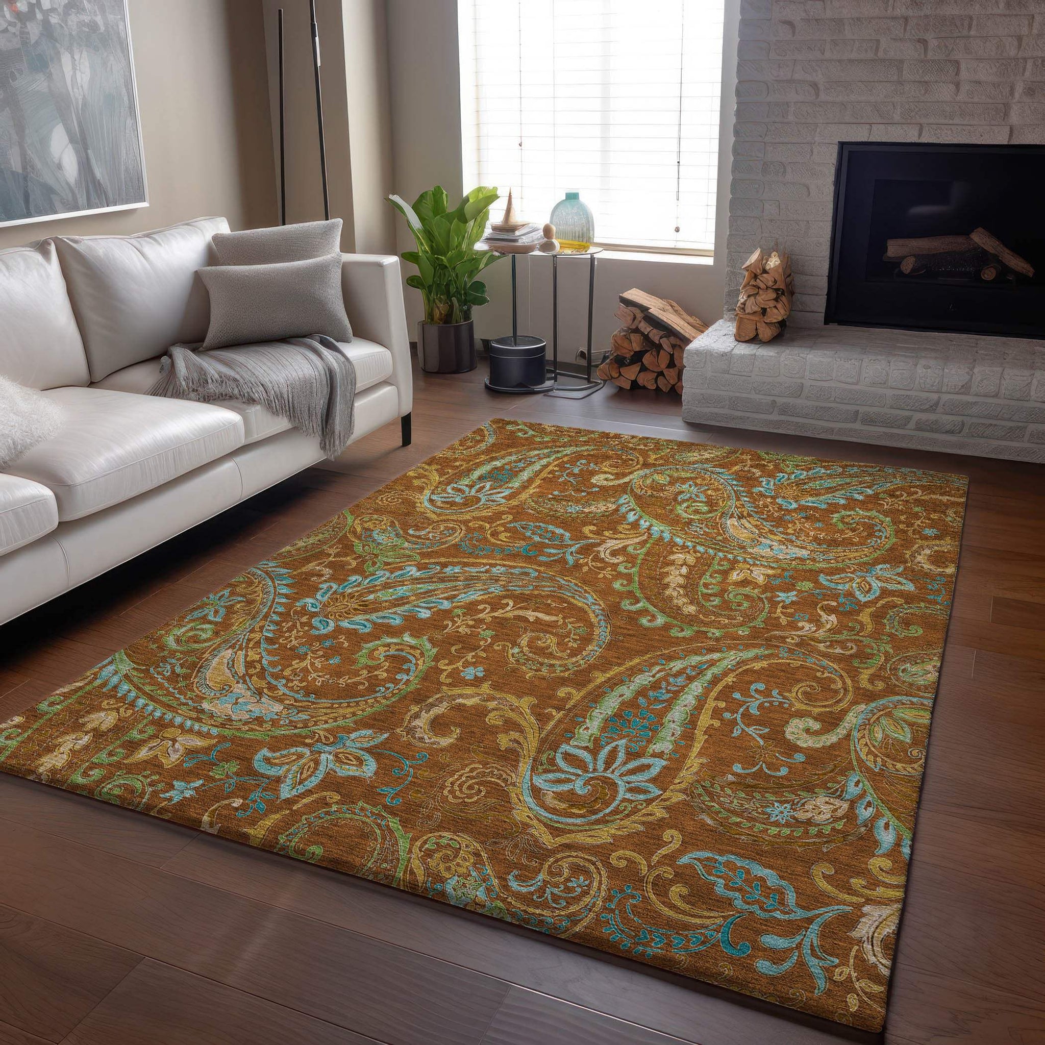 10' X 14' Rust Blue And Green Paisley Washable Area Rug With UV Protection - HomeRoots - Flyclothing LLC