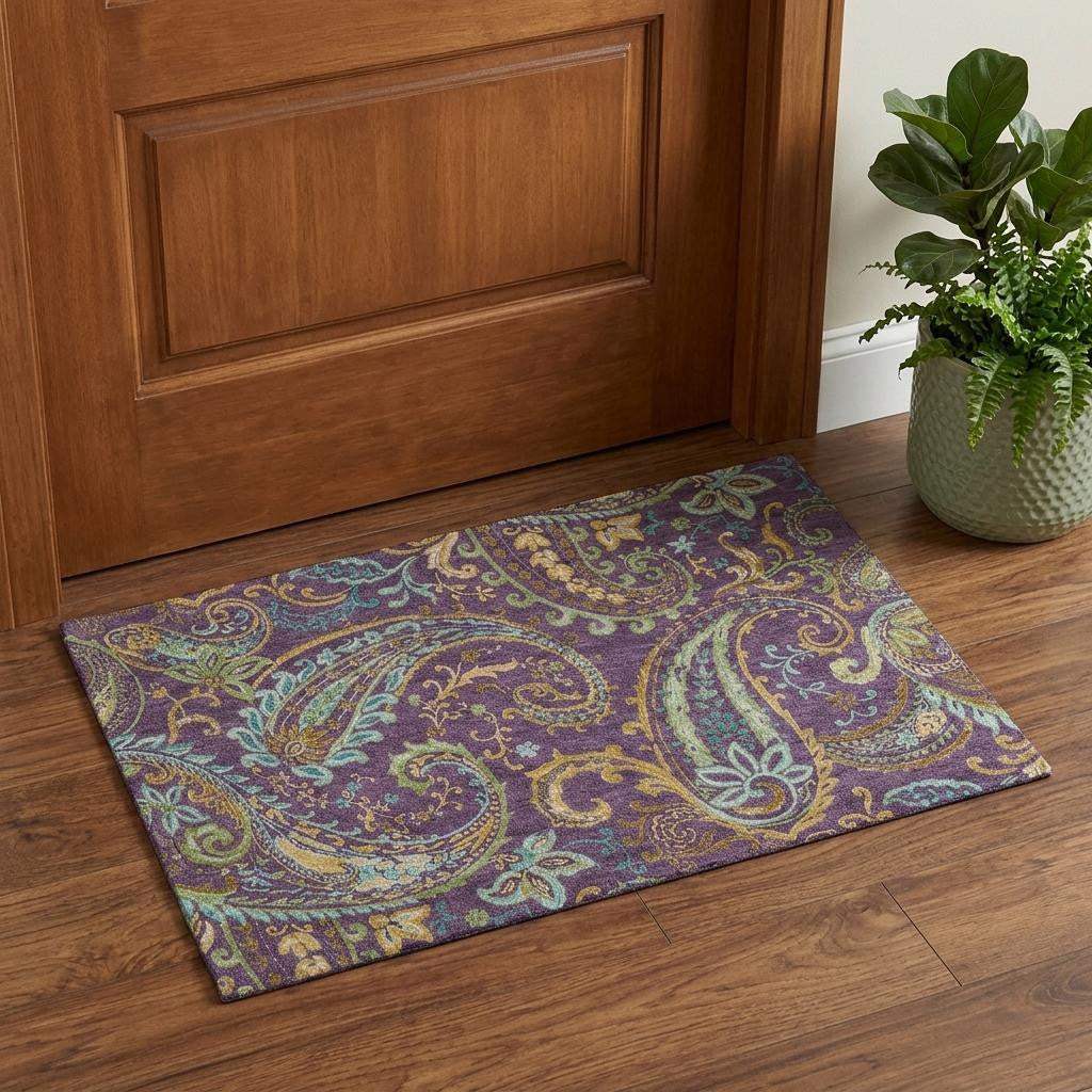 3' X 5' Purple Green And Blue Paisley Distressed Washable Area Rug With UV Protection - HomeRoots - Flyclothing LLC