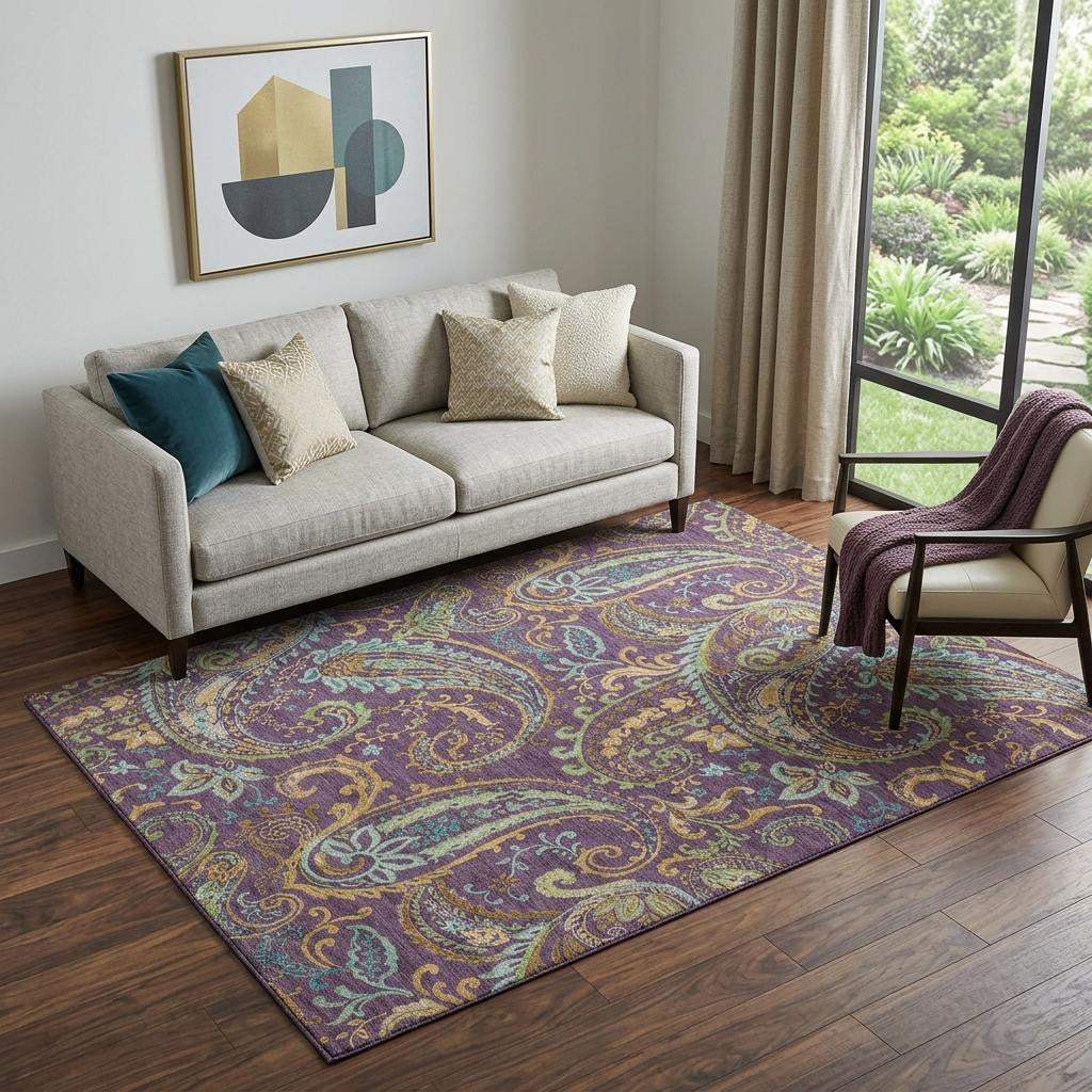 5' X 8' Purple Green And Blue Paisley Washable Area Rug With UV Protection - HomeRoots - Flyclothing LLC