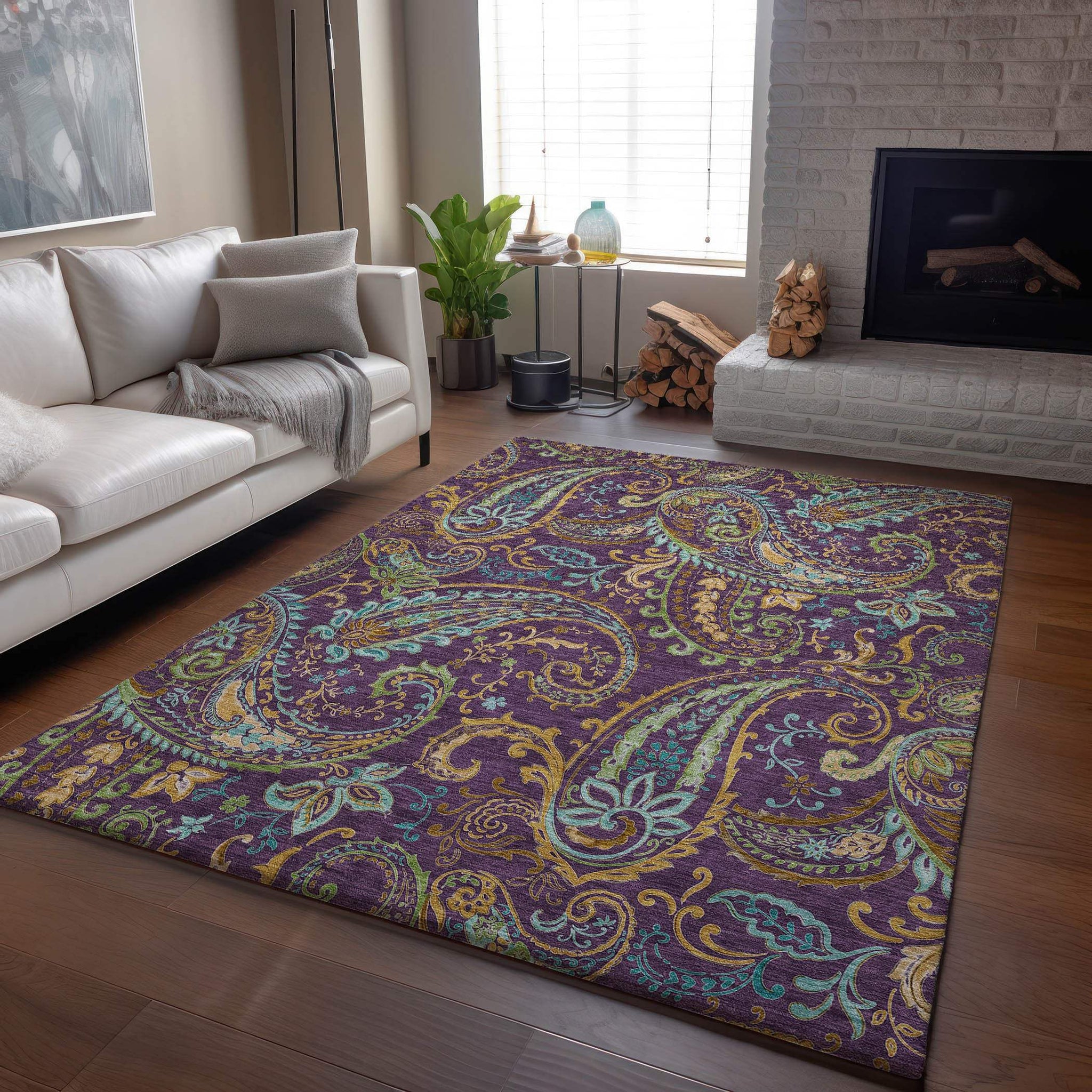 5' X 8' Purple Green And Blue Paisley Washable Area Rug With UV Protection - HomeRoots - Flyclothing LLC