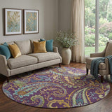 8' Purple Green And Blue Paisley Washable Round Rug With UV Protection - HomeRoots - Flyclothing LLC