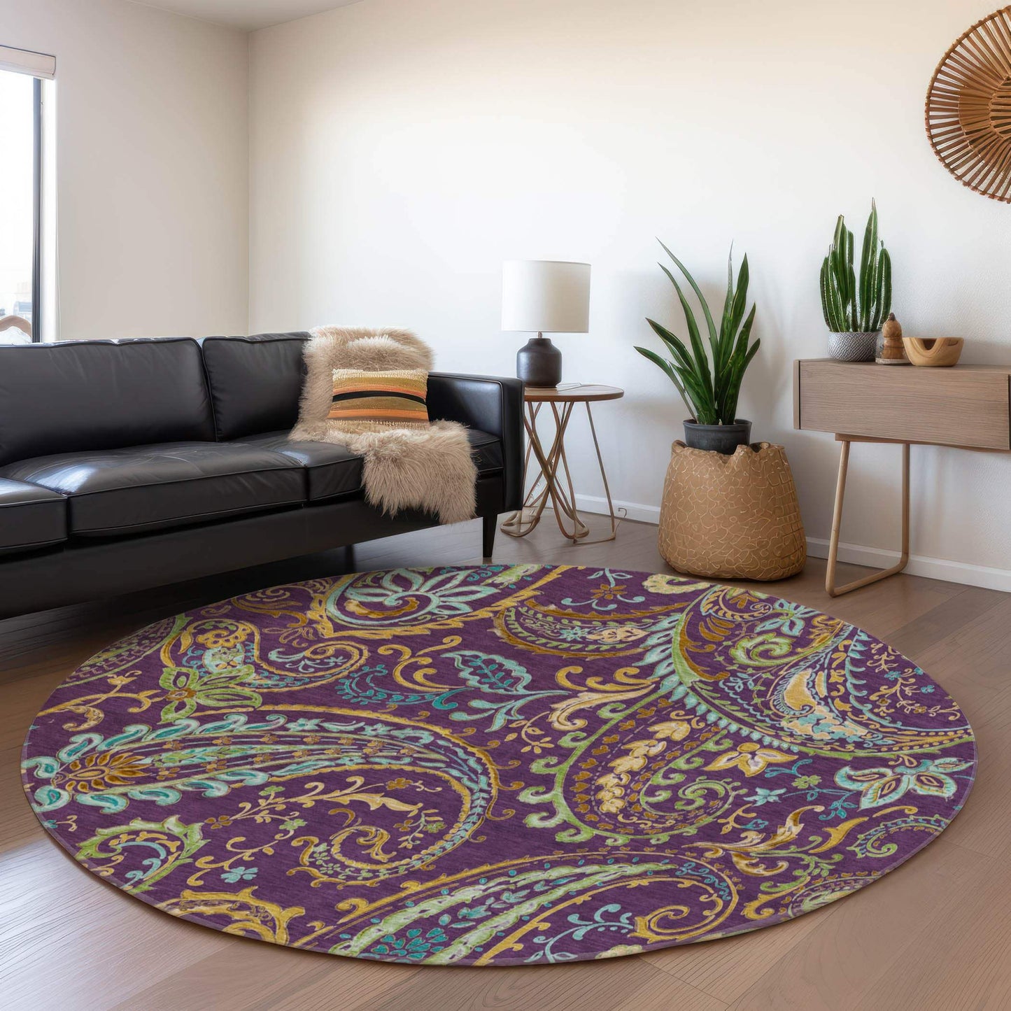 8' Purple Green And Blue Paisley Washable Round Rug With UV Protection - HomeRoots - Flyclothing LLC