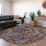 8' Purple Green And Blue Paisley Washable Round Rug With UV Protection - HomeRoots - Flyclothing LLC