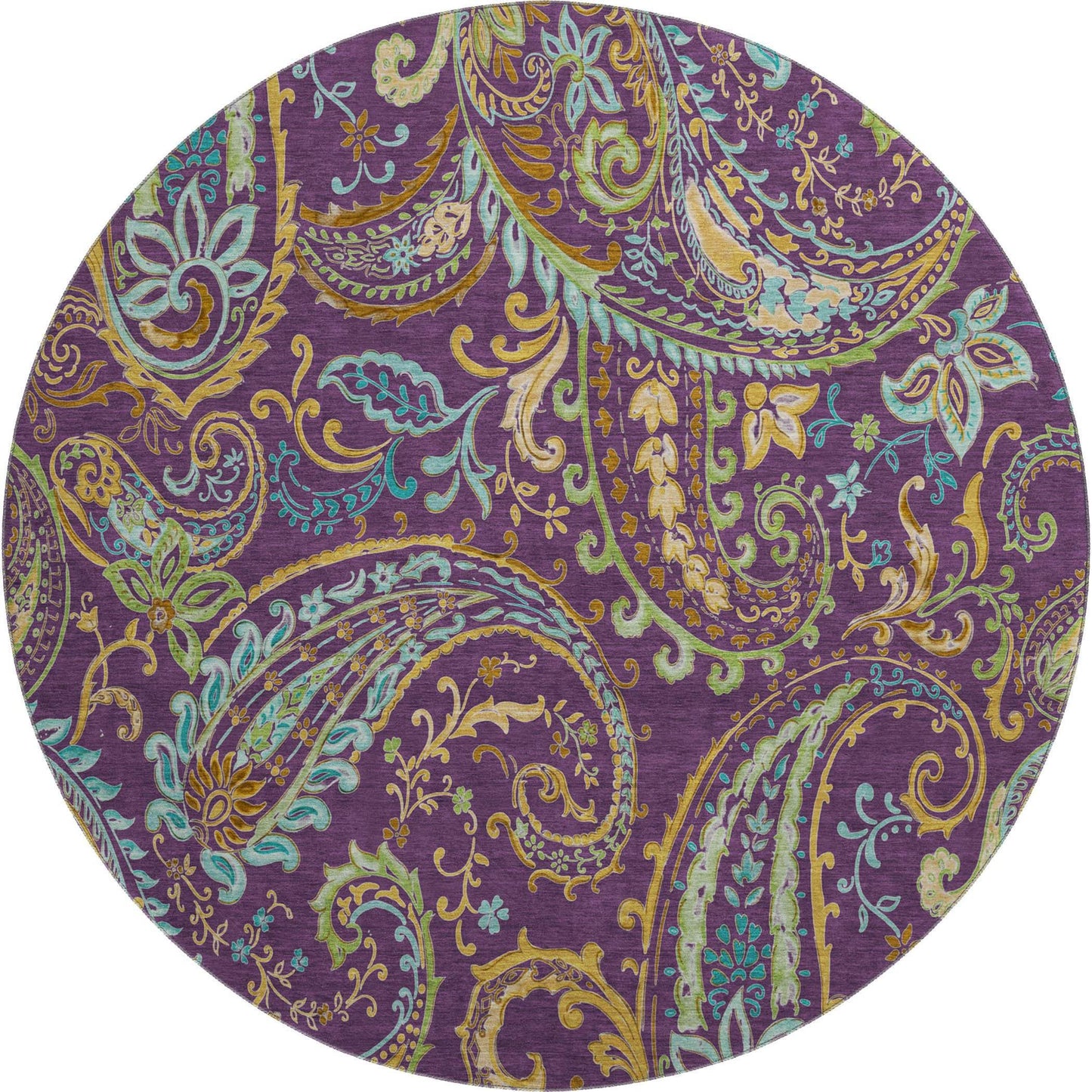 8' Purple Green And Blue Paisley Washable Round Rug With UV Protection - HomeRoots - Flyclothing LLC