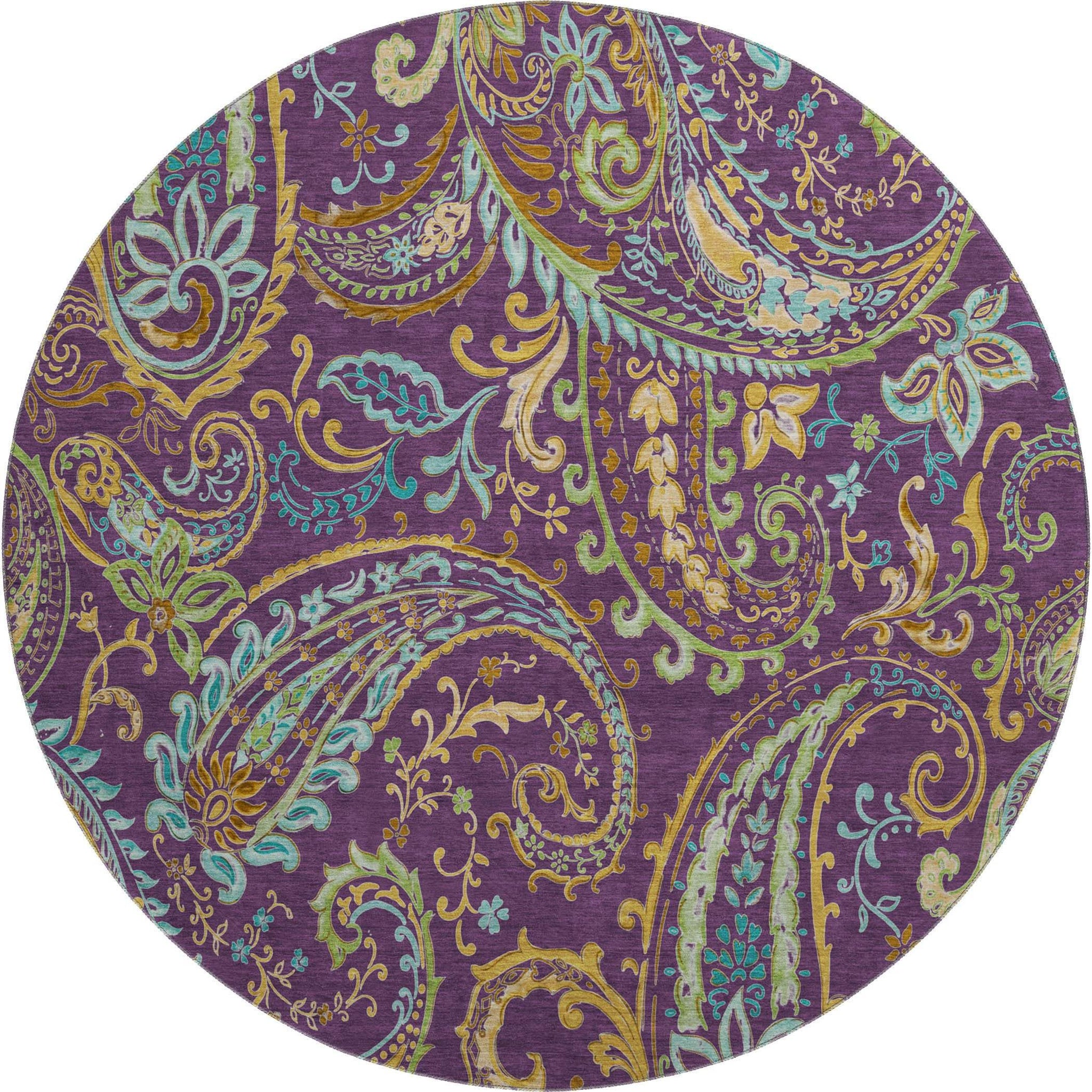 8' Purple Green And Blue Paisley Washable Round Rug With UV Protection - HomeRoots - Flyclothing LLC
