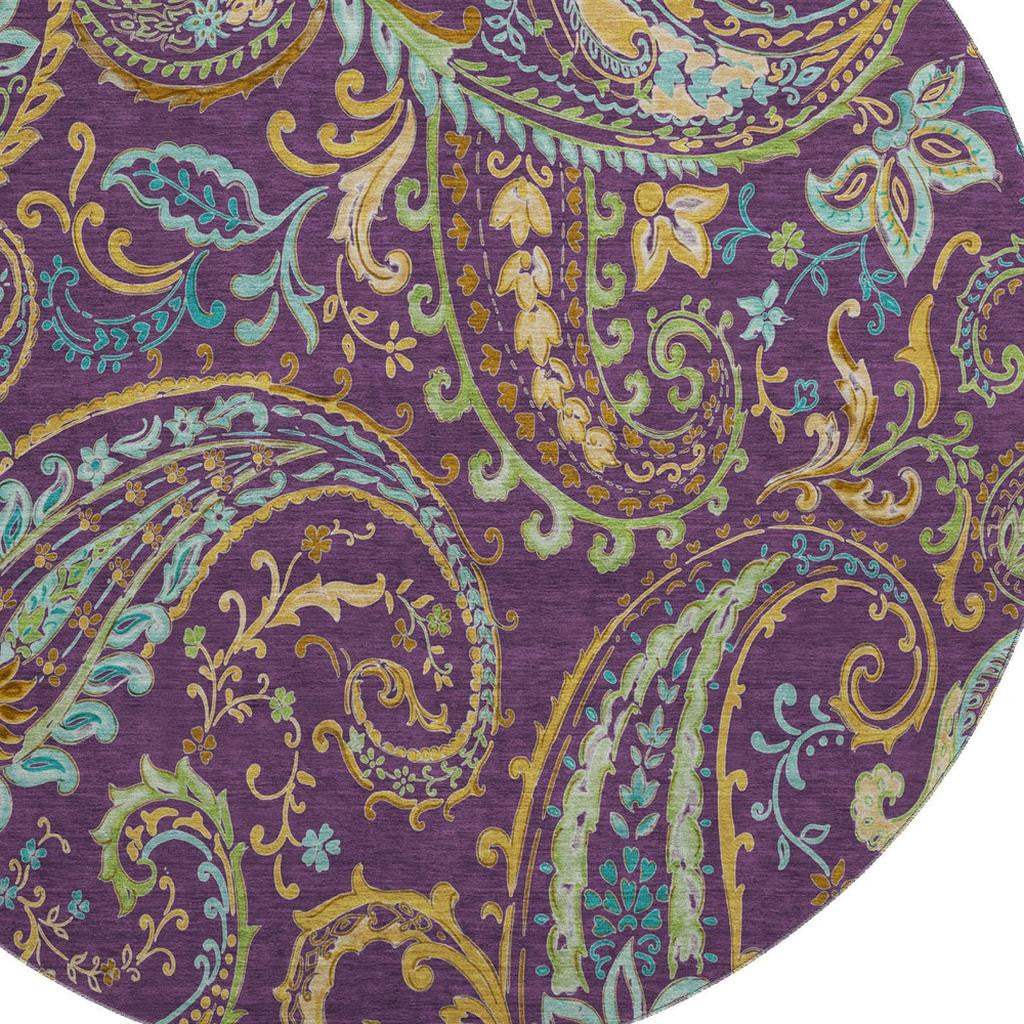 8' Purple Green And Blue Paisley Washable Round Rug With UV Protection - HomeRoots - Flyclothing LLC