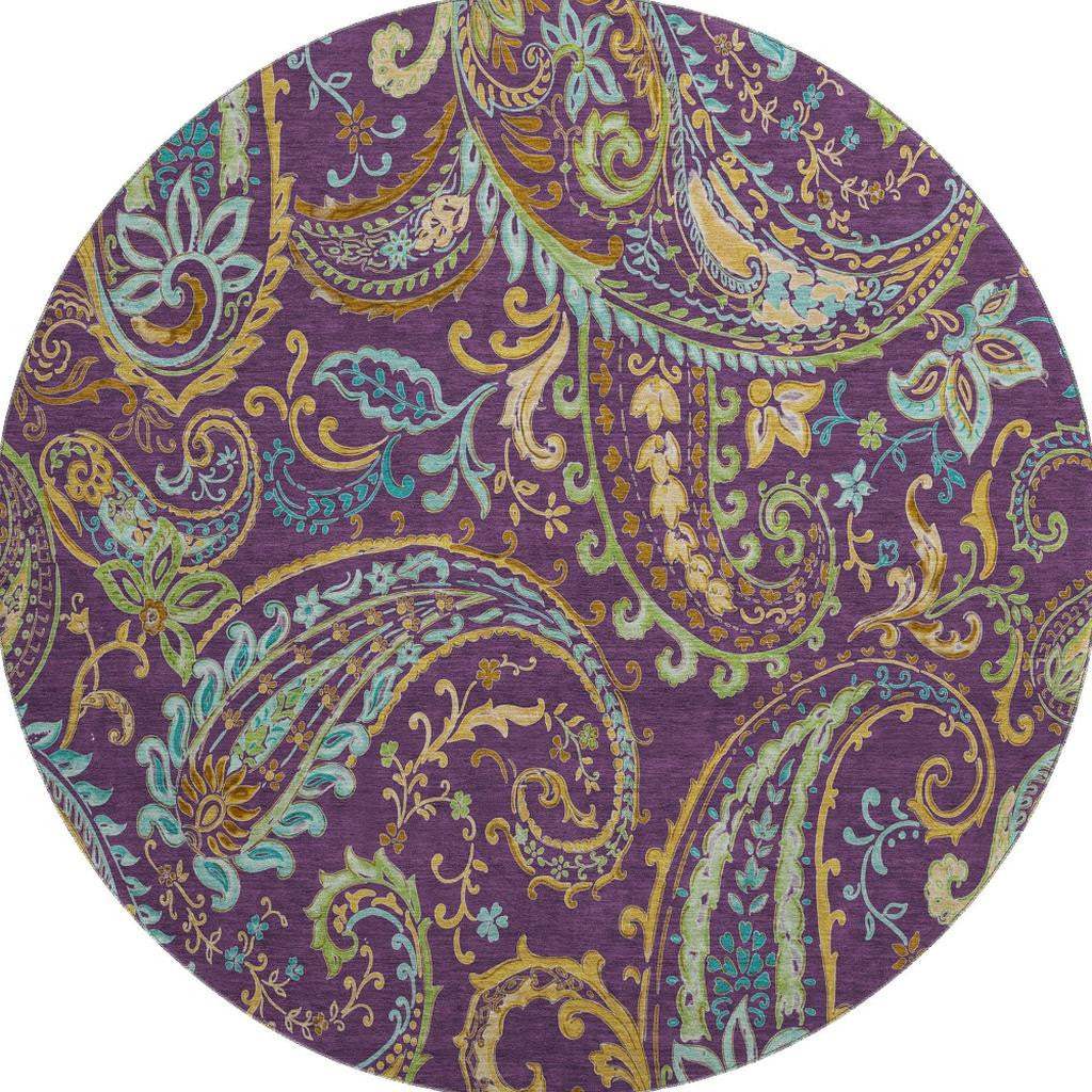 8' Purple Green And Blue Paisley Washable Round Rug With UV Protection - HomeRoots - Flyclothing LLC