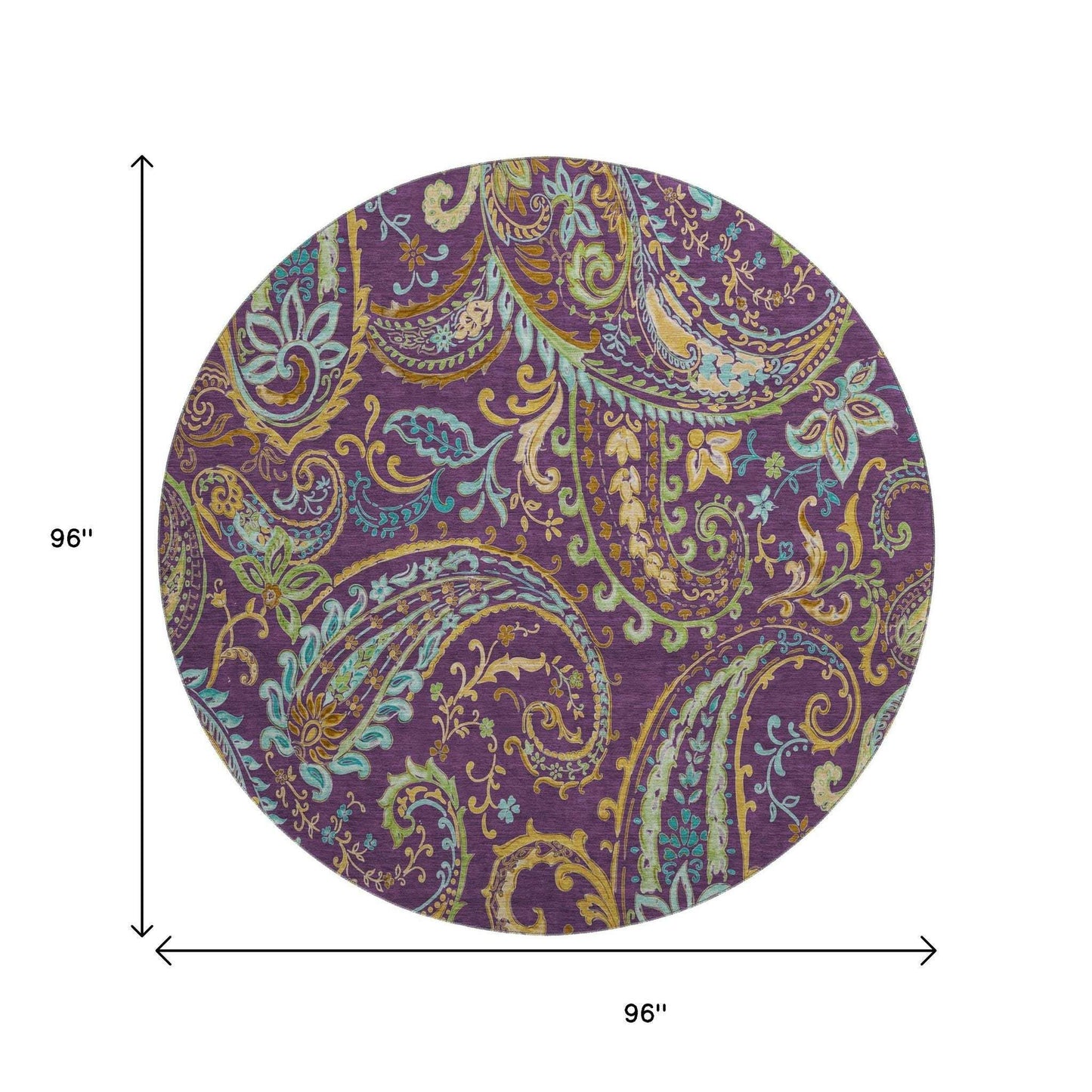 8' Purple Green And Blue Paisley Washable Round Rug With UV Protection - HomeRoots - Flyclothing LLC