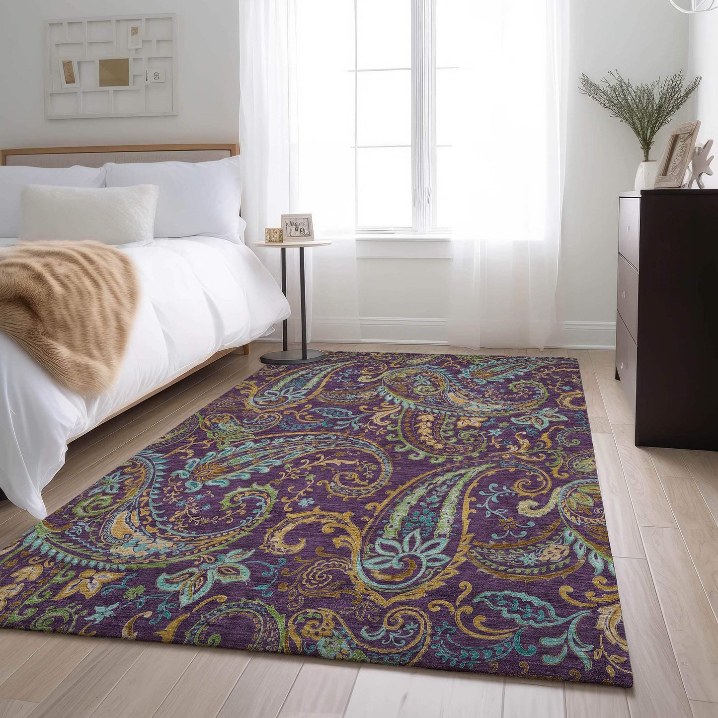 9' X 12' Purple Green And Blue Paisley Washable Area Rug With UV Protection - HomeRoots - Flyclothing LLC