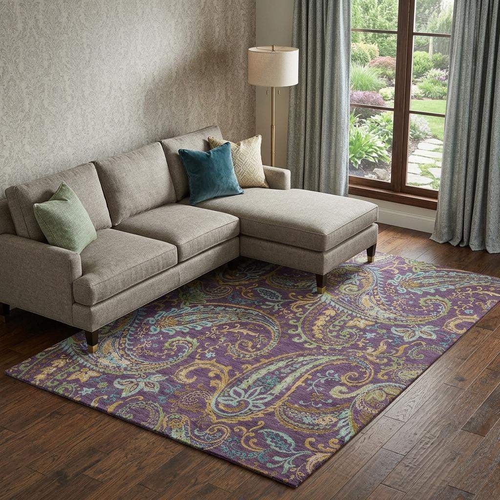10' X 14' Purple Green And Blue Paisley Washable Area Rug With UV Protection - HomeRoots - Flyclothing LLC