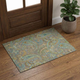 3' X 5' Taupe Green And Blue Paisley Washable Area Rug With UV Protection - HomeRoots - Flyclothing LLC