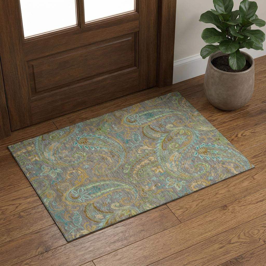 3' X 5' Taupe Green And Blue Paisley Washable Area Rug With UV Protection - HomeRoots - Flyclothing LLC
