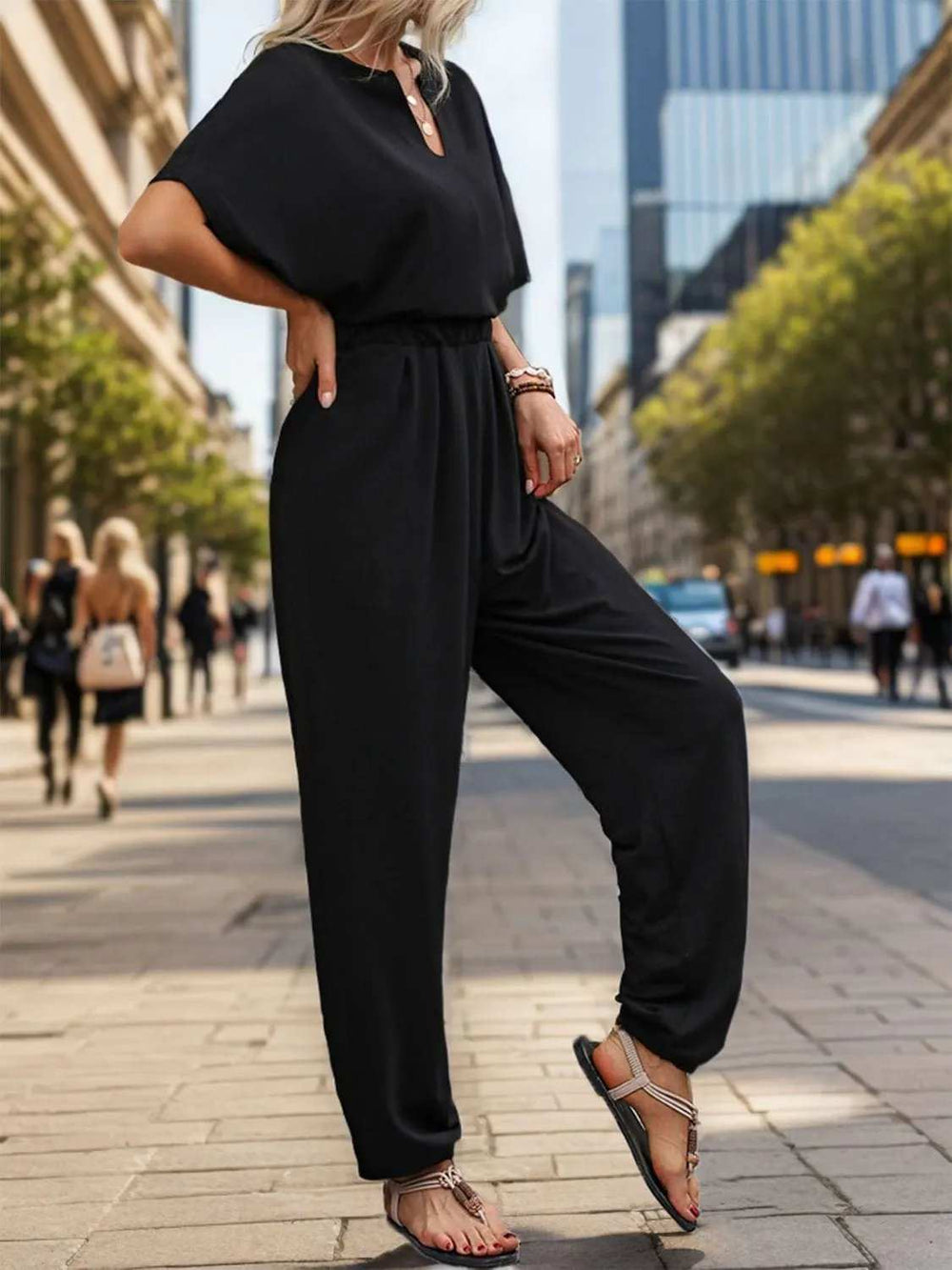 Notched Half Sleeve Straight Jumpsuit - Trendsi - Flyclothing LLC