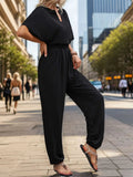 Notched Half Sleeve Straight Jumpsuit - Trendsi