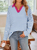 Striped Johnny Collar Long Sleeve T-Shirt - Trendsi - Flyclothing LLC