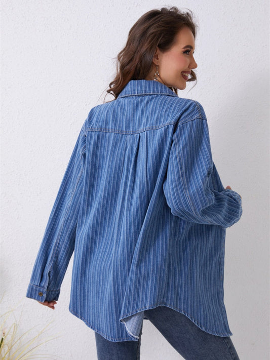 Pocketed Striped Button Up Denim Shirt - Trendsi