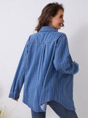 Pocketed Striped Button Up Denim Shirt - Trendsi