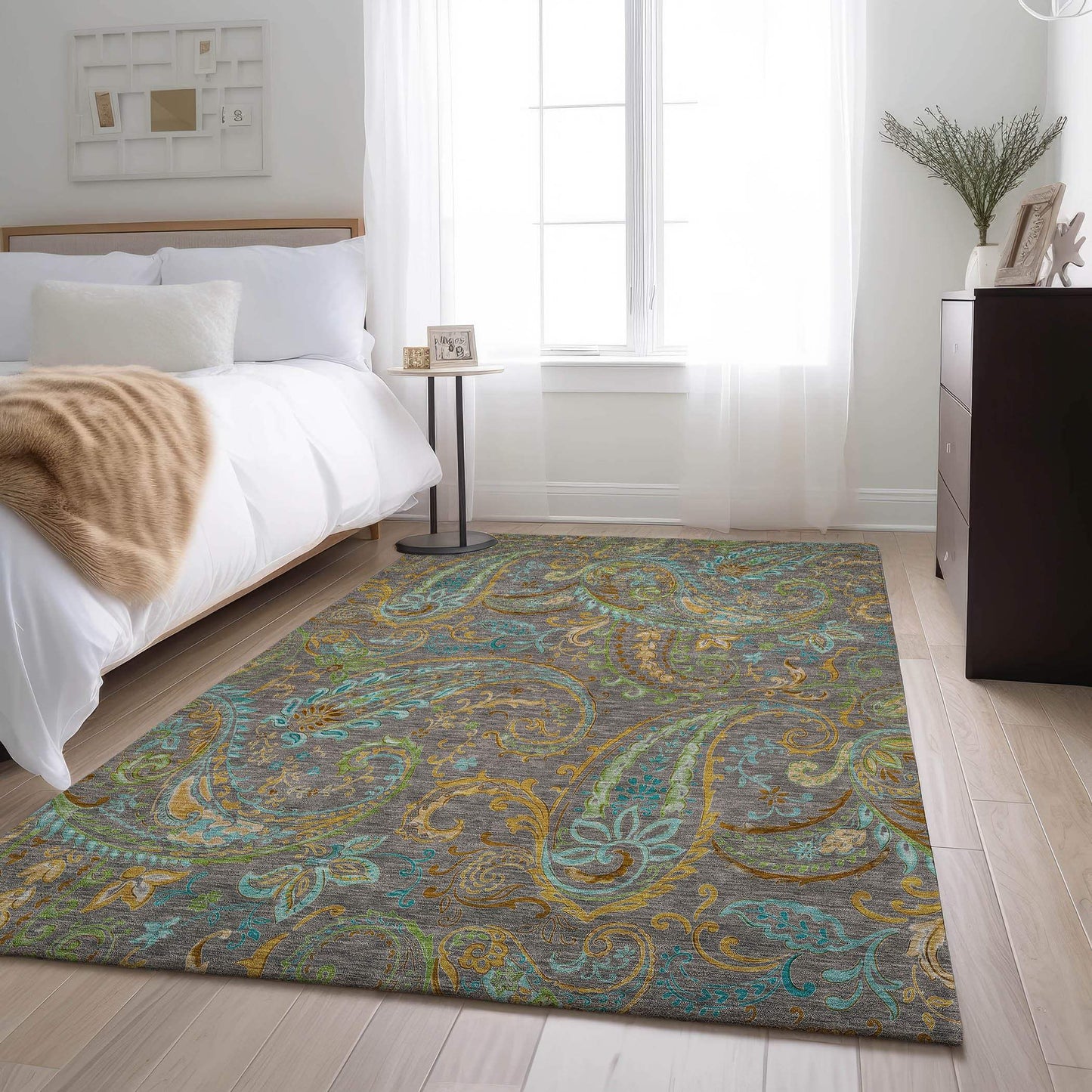 5' X 8' Taupe Green And Blue Paisley Distressed Washable Area Rug With UV Protection - HomeRoots - Flyclothing LLC