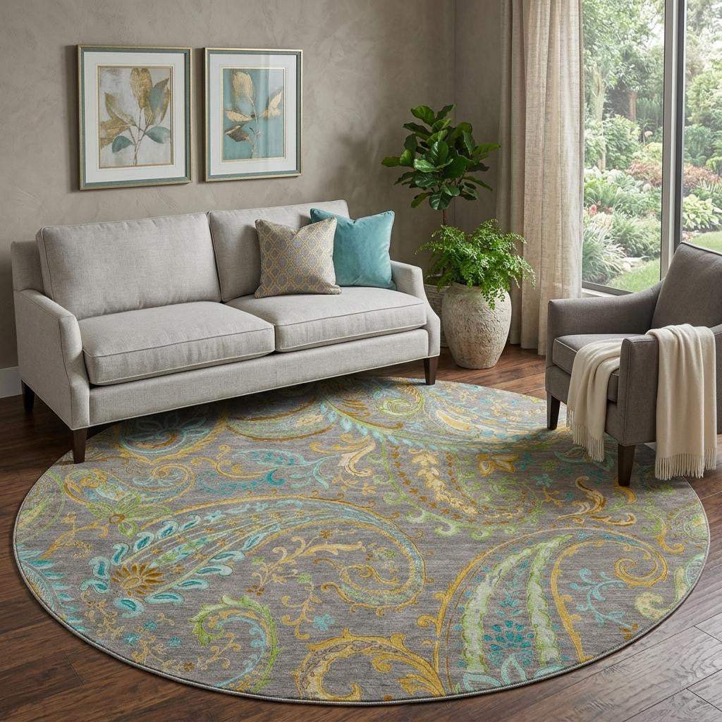 8' Taupe Green And Blue Paisley Washable Round Rug With UV Protection - HomeRoots - Flyclothing LLC