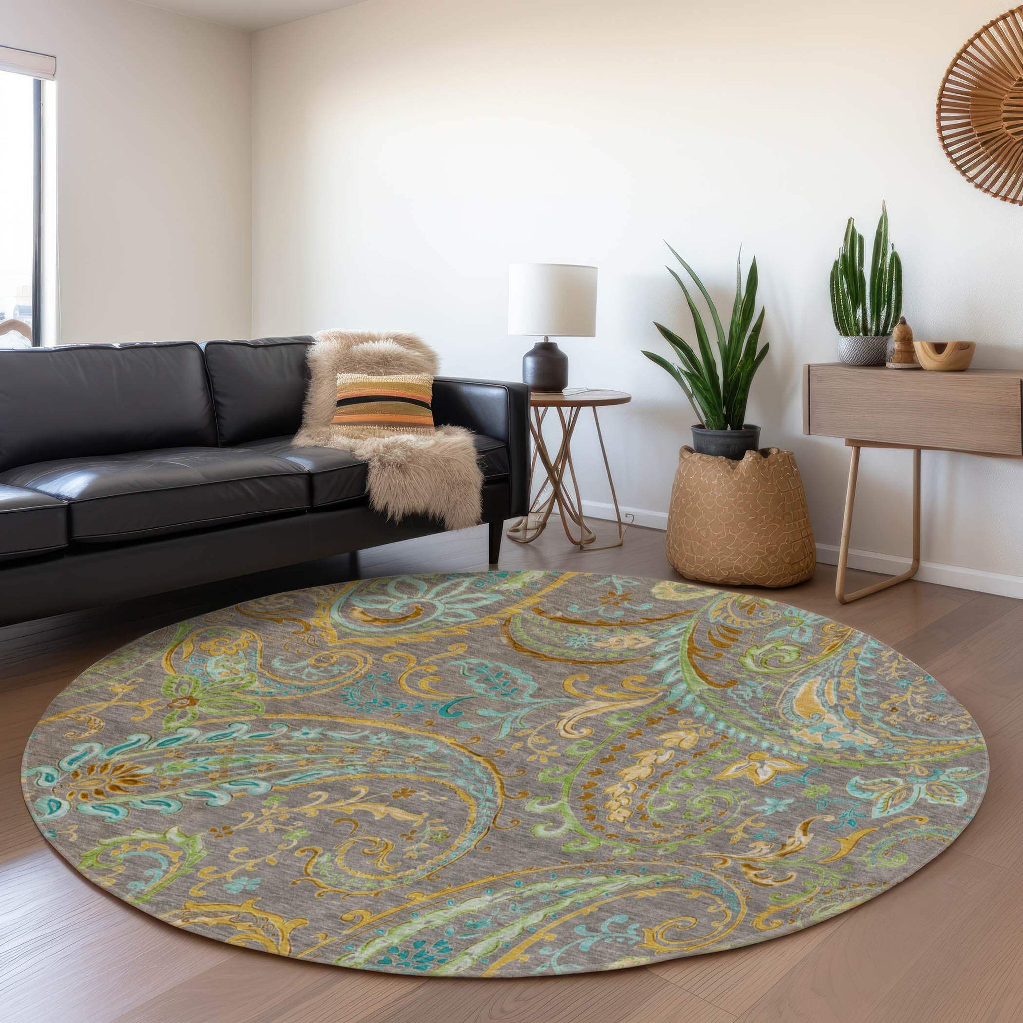 8' Taupe Green And Blue Paisley Washable Round Rug With UV Protection - HomeRoots - Flyclothing LLC