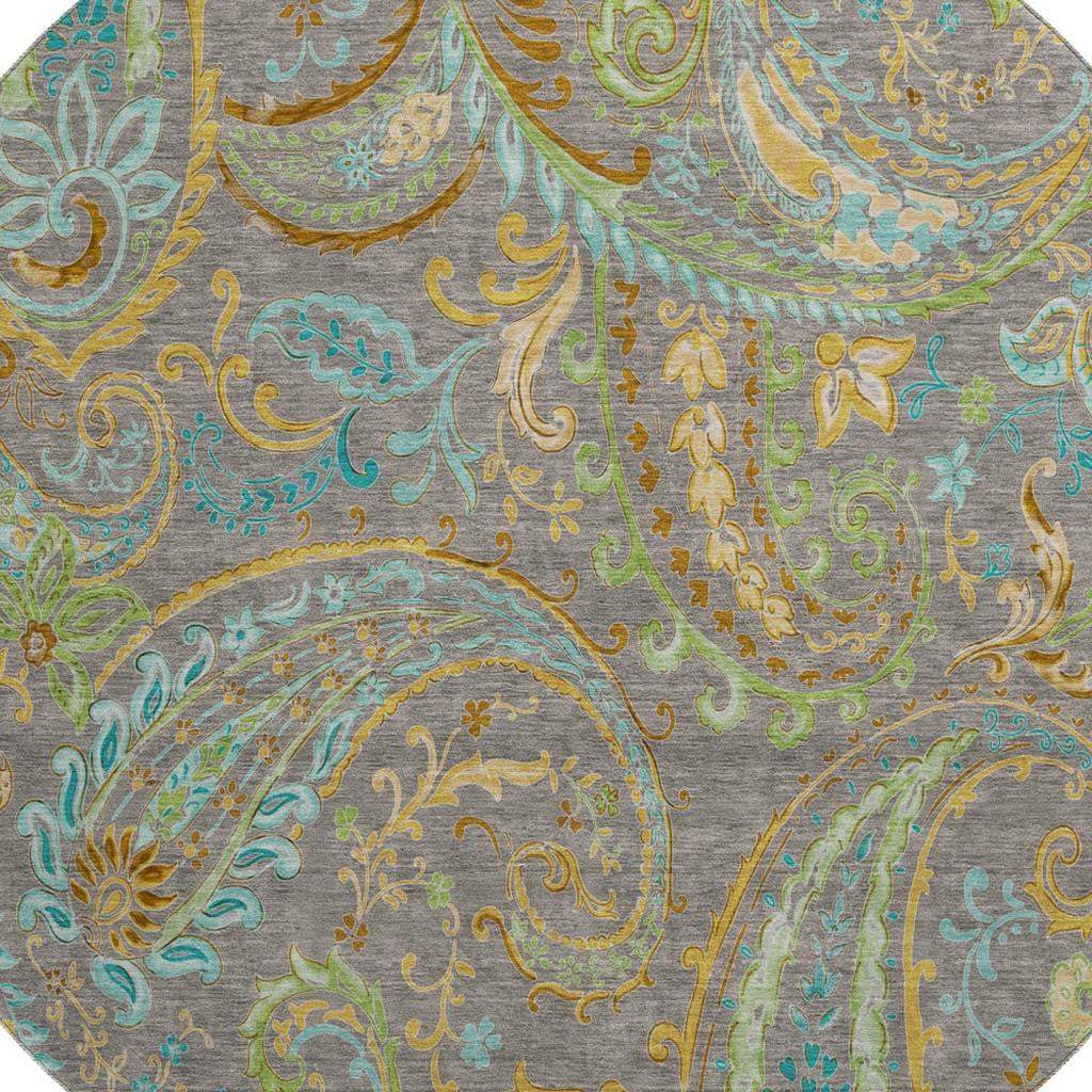 8' Taupe Green And Blue Paisley Washable Round Rug With UV Protection - HomeRoots - Flyclothing LLC