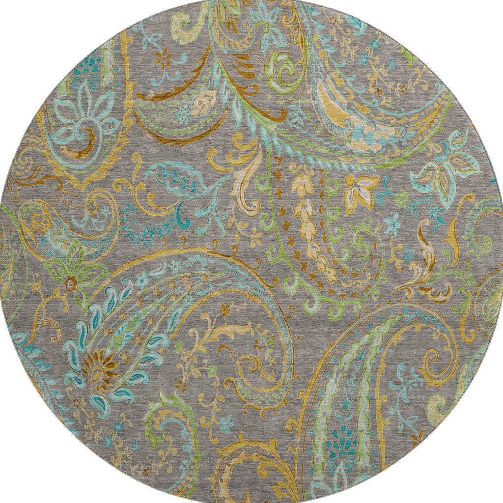 8' Taupe Green And Blue Paisley Washable Round Rug With UV Protection - HomeRoots - Flyclothing LLC