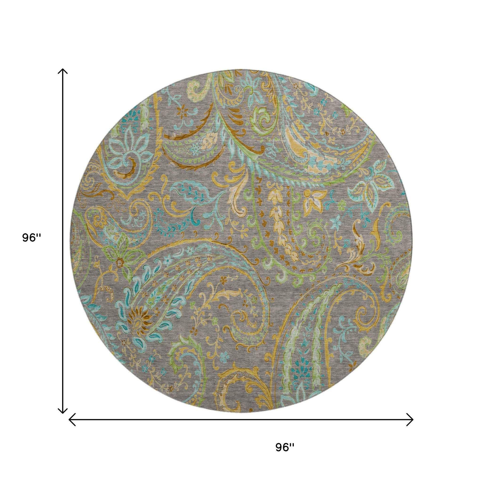8' Taupe Green And Blue Paisley Washable Round Rug With UV Protection - HomeRoots - Flyclothing LLC