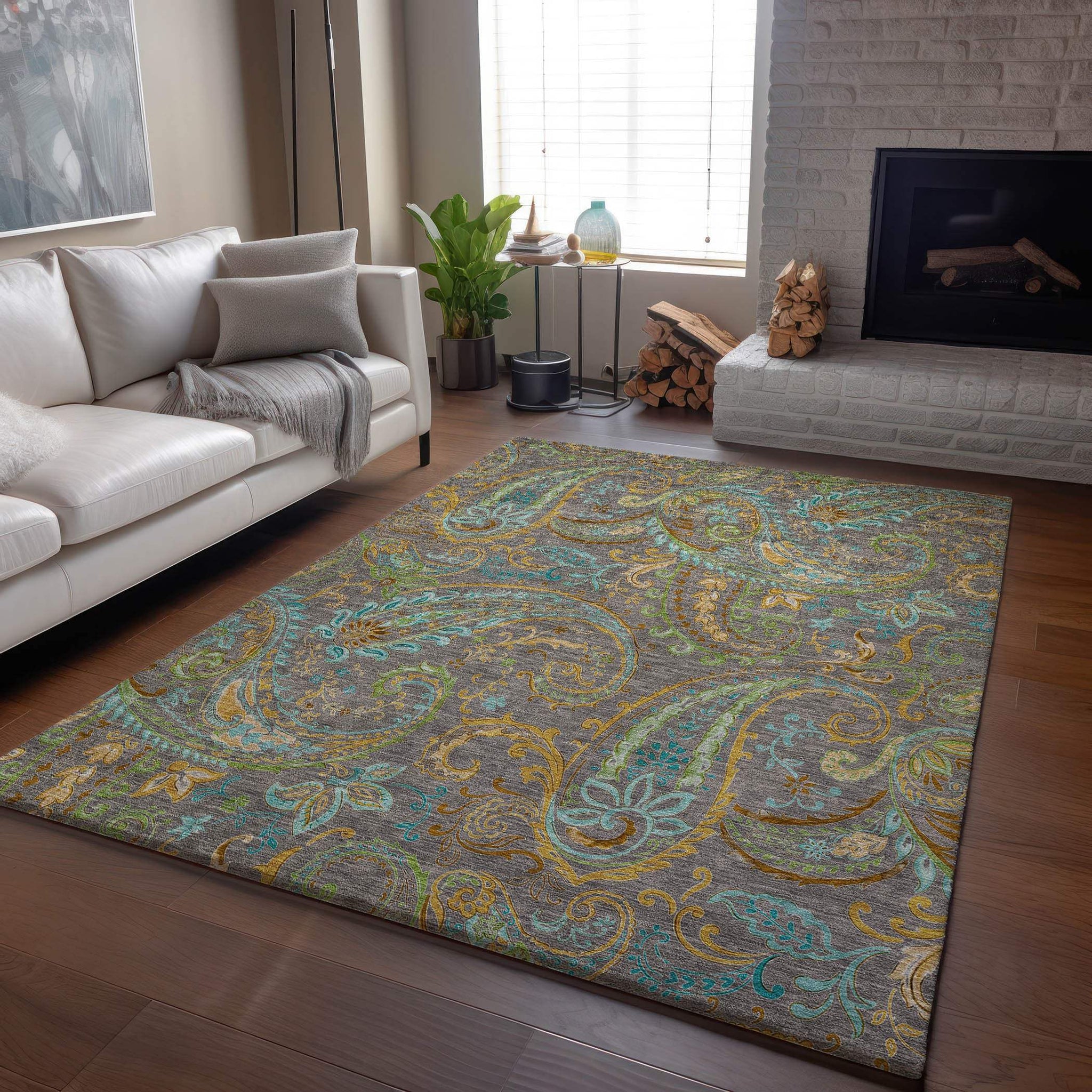 8' X 10' Taupe Green And Blue Paisley Distressed Washable Area Rug With UV Protection - HomeRoots - Flyclothing LLC