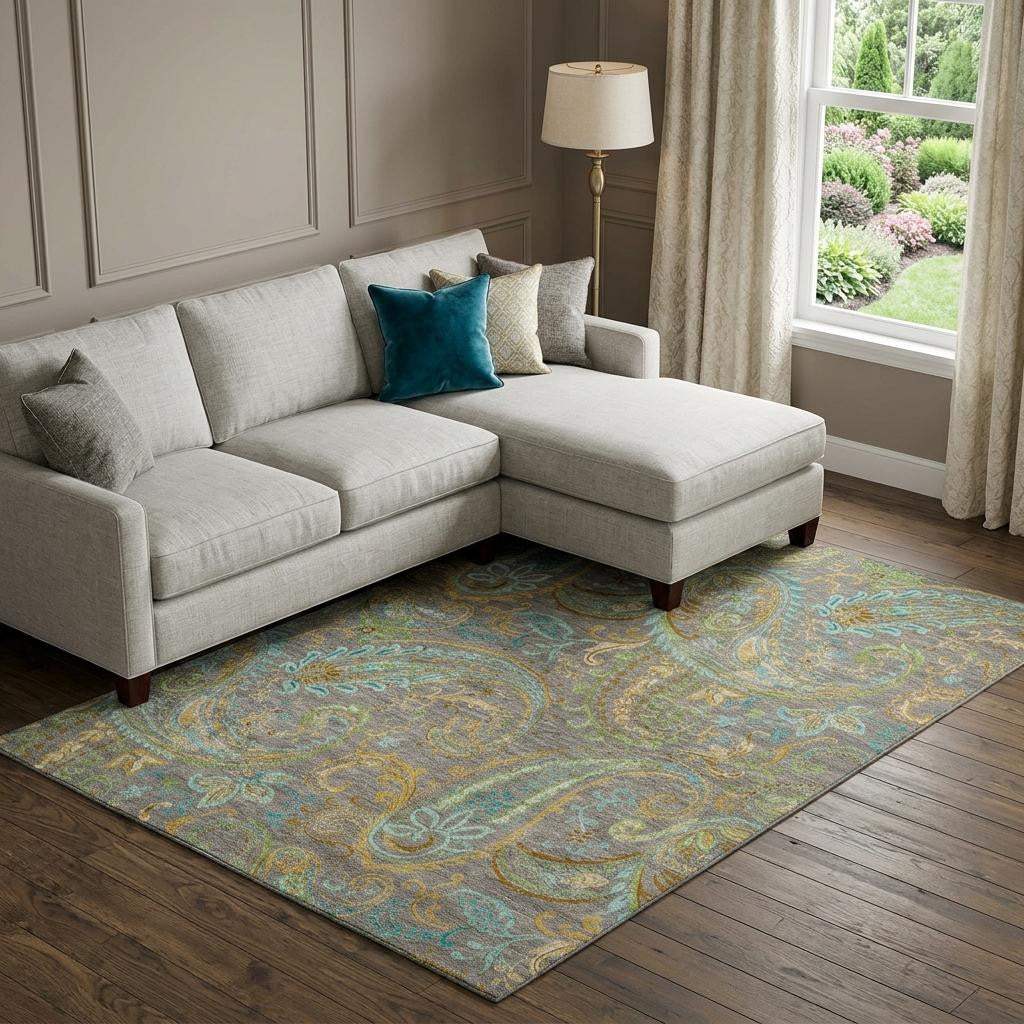 8' X 10' Taupe Green And Blue Paisley Distressed Washable Area Rug With UV Protection - HomeRoots - Flyclothing LLC