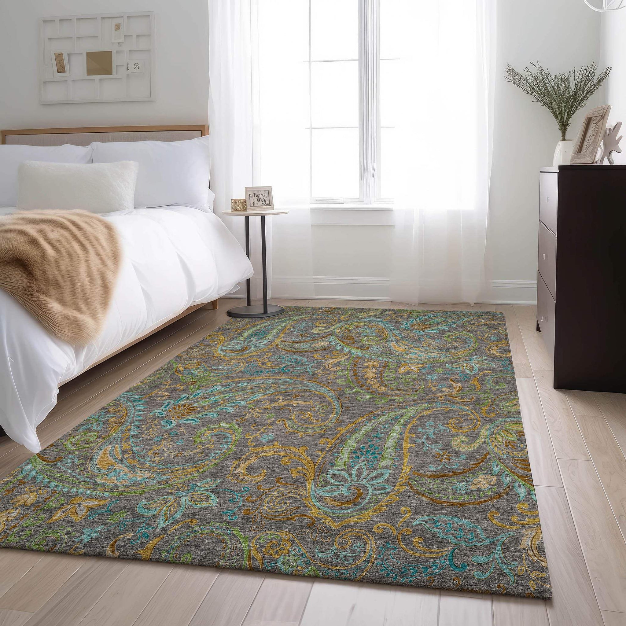 9' X 12' Taupe Green And Blue Paisley Distressed Washable Area Rug With UV Protection - HomeRoots - Flyclothing LLC